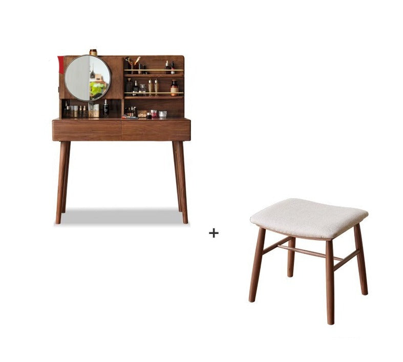 Black Walnut Solid Wood Moon Makeup Mirror Vanity Dressing Table - Elegant Bedroom & Bathroom Decor for Women