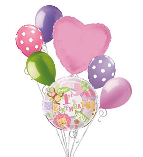 Jeckaroonie Balloons 7-Piece Pink Safari Happy 1st Birthday Balloon Bouquet Set - Monkey Girl Theme Party Decorations for Baby Showers, Birthday Parties & Special Celebrations