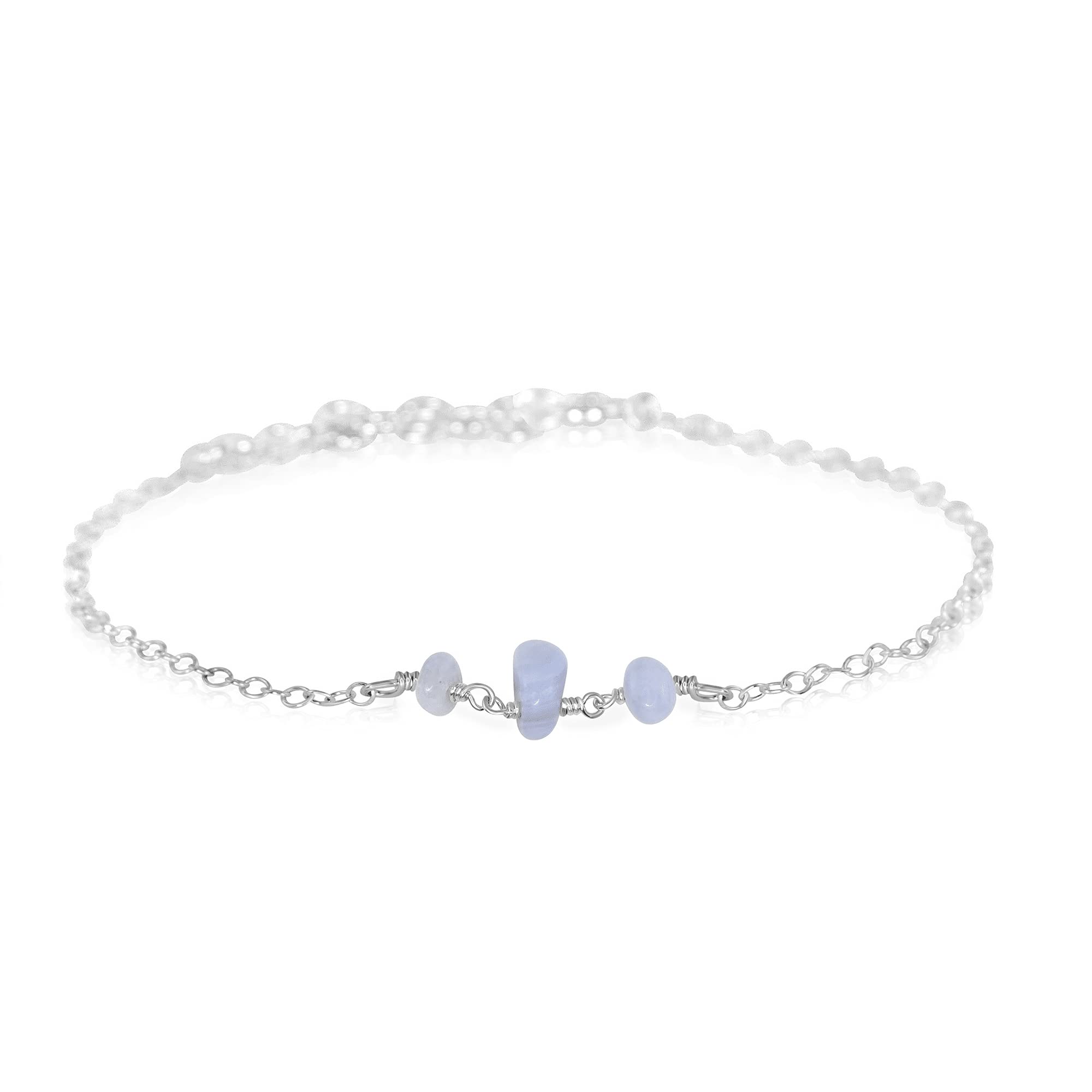 Blue Lace Agate Beaded Sterling Silver Anklet Bracelet - Elegant Boho Jewelry for Women, Perfect for Beach Vacations & Summer Outfits