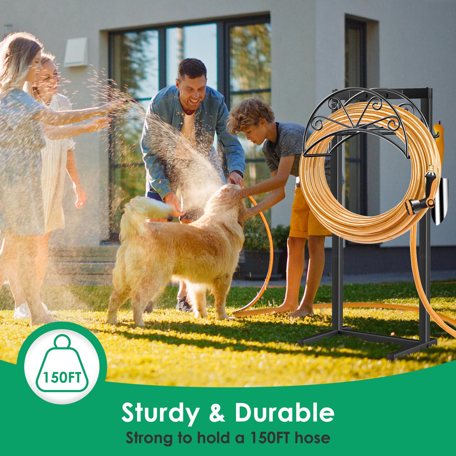 Heavy Duty Freestanding Garden Hose Holder with 4 Spikes & 2 Tool Hooks - Sturdy Outdoor Water Hose Storage Stand for 160 FT Hose - Perfect for Yard, Lawn, Garden Watering & Tool Organization (Black)