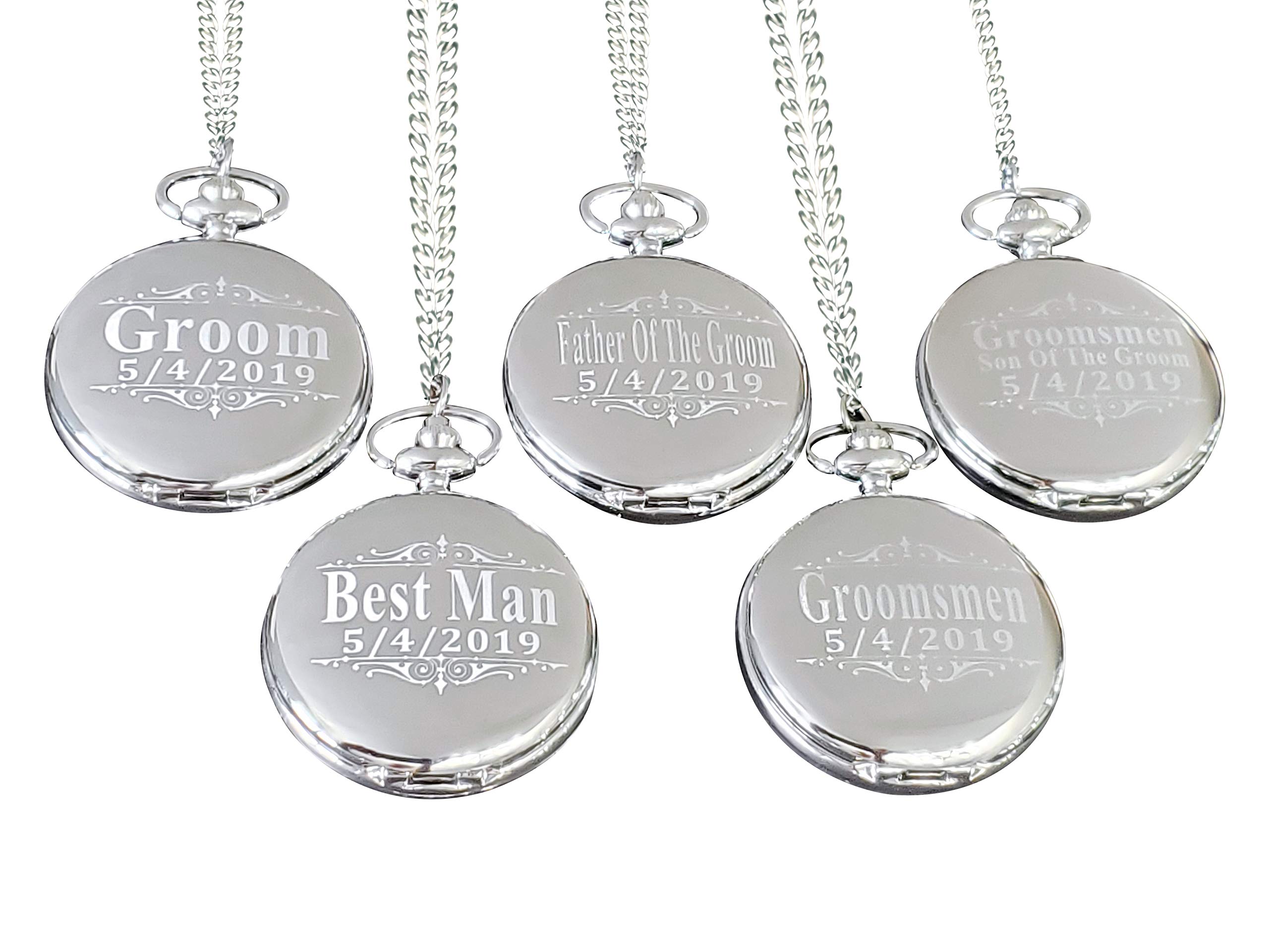 5 Personalized Engraved Pocket Watches for Groomsmen - Best Man Wedding Gift Set with Chains & Gift Boxes - Perfect for Weddings, Anniversaries and Special Occasions