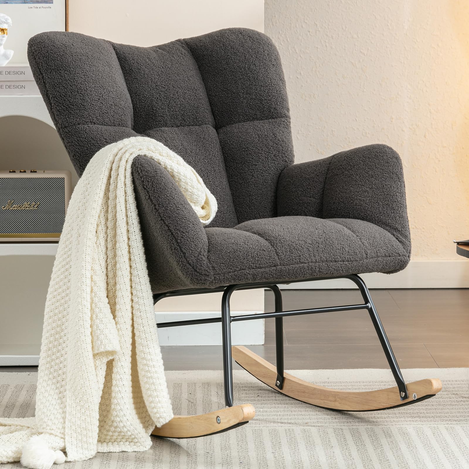 **Nursery Rocking Chair - Teddy Upholstered Glider Rocker with High Backrest, Metal Legs, Accent Armchair for Living Room, Nursery, or Reading - Dark Gray - Perfect for Relaxing, Nursing, and Storytime**
