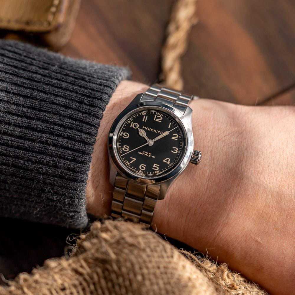 Hamilton Khaki Field Murph 38mm Automatic Men's Watch - Black Dial with Stainless Steel Bracelet | Military Style Timepiece for Outdoor Adventures & Everyday Wear