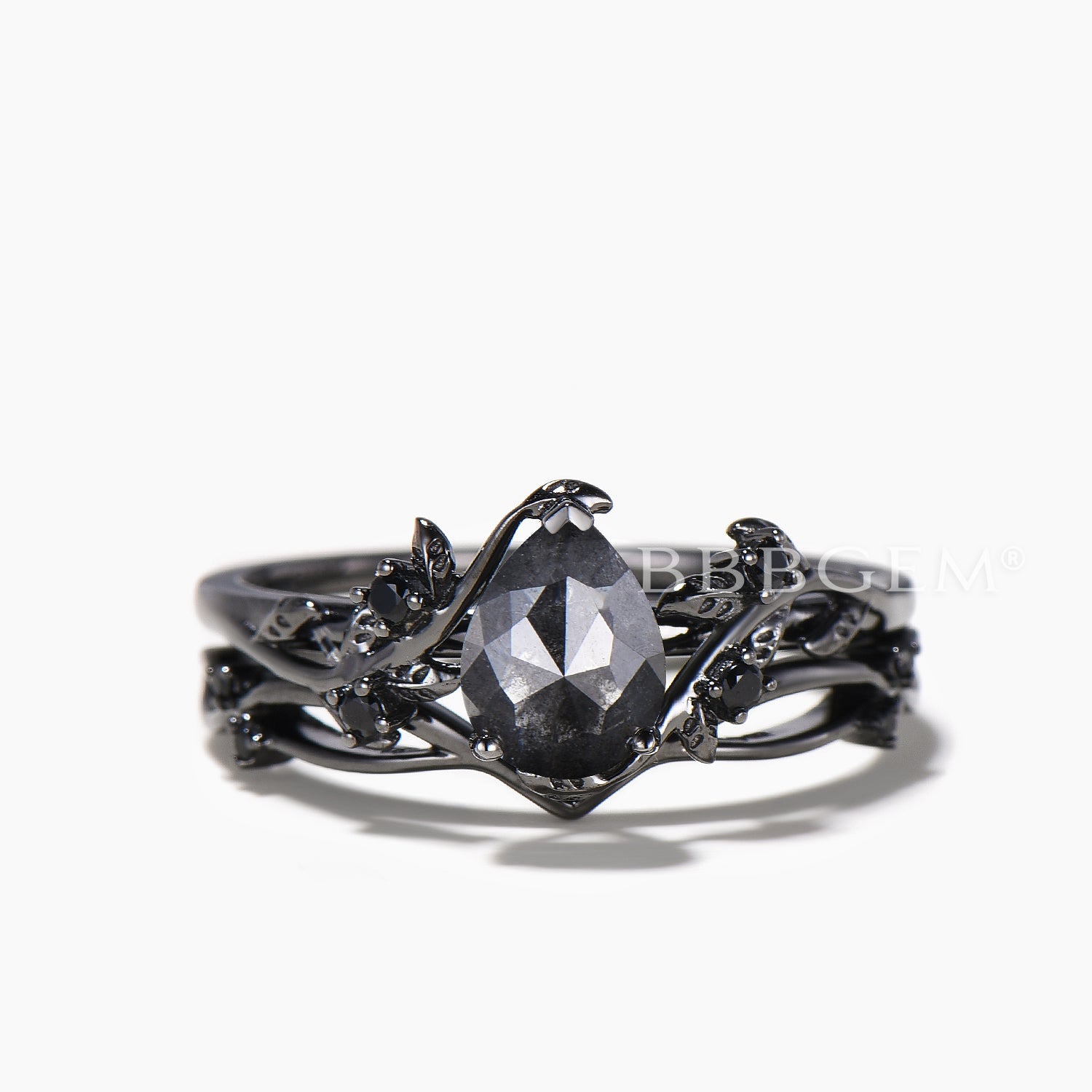 Pear Cut Salt and Pepper Diamond Engagement Ring - Natural Spinel Bridal Wedding Set for Nature-Inspired Proposal & Anniversary Gift