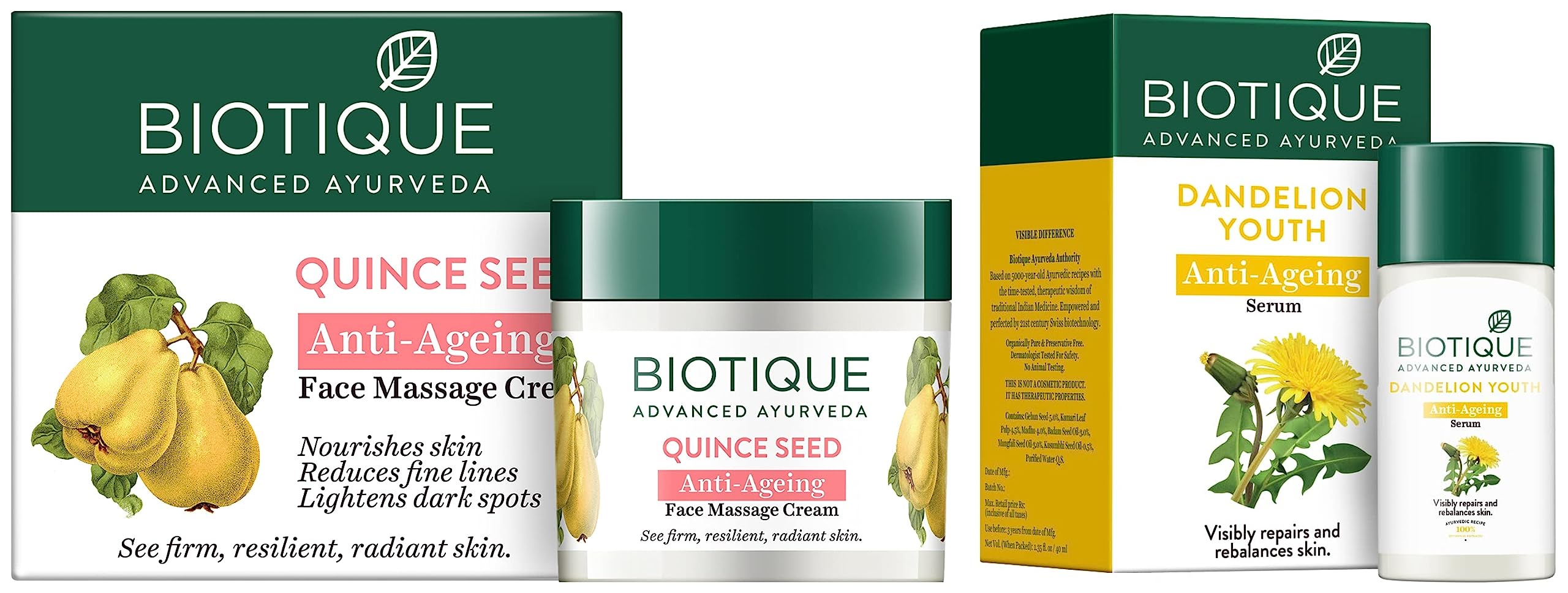 Biotique Bio Quince Seed Nourishing Face Massage Cream for Normal to Dry Skin 50g & Dandelion Visibly Ageless Serum 40ml - Hydrating Skincare Set for Daily Moisturizing and Anti-Aging Routine