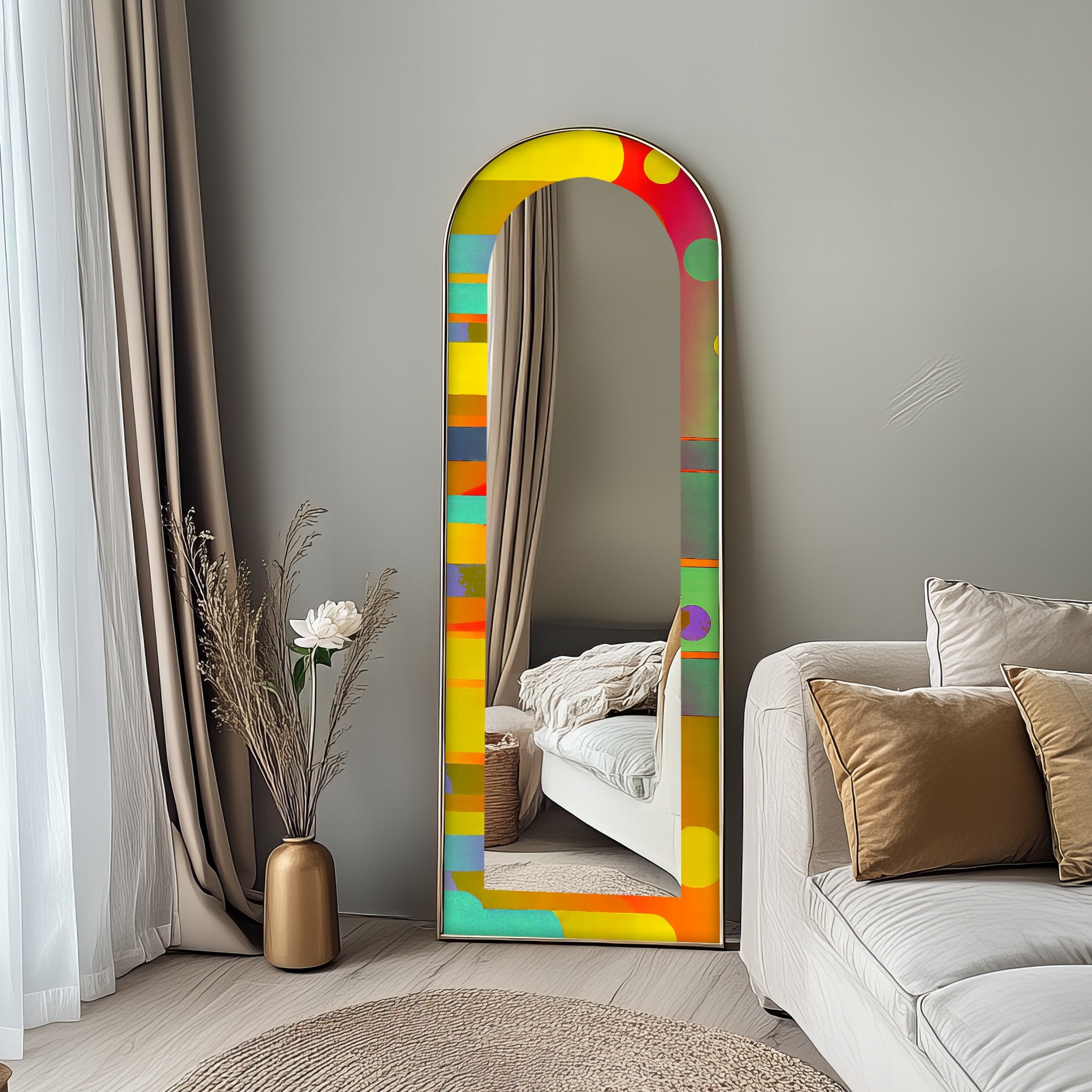 Abstract Circle and Stripe Full Length Floor Mirror - Modern Decorative Wall Mirror for Bedroom, Living Room & Entryway