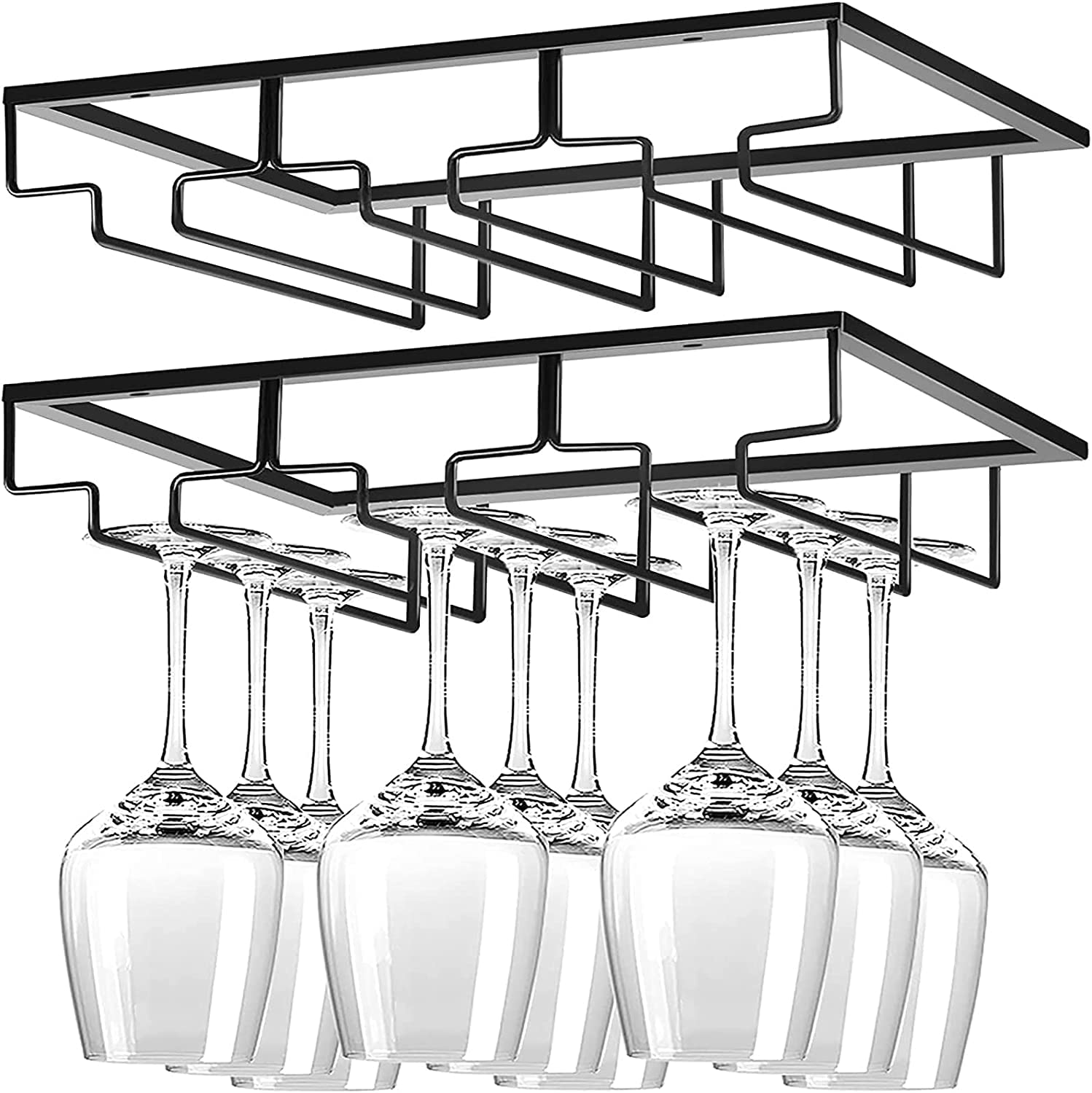 2 Pack Under Cabinet Wine Glass Rack - Black Metal Stemware Holder with 3 Rows for Kitchen & Bar - Easy Install Under Shelf Hanger - Perfect for Storing Wine Glasses in Small Spaces & Organizing Your Home Bar