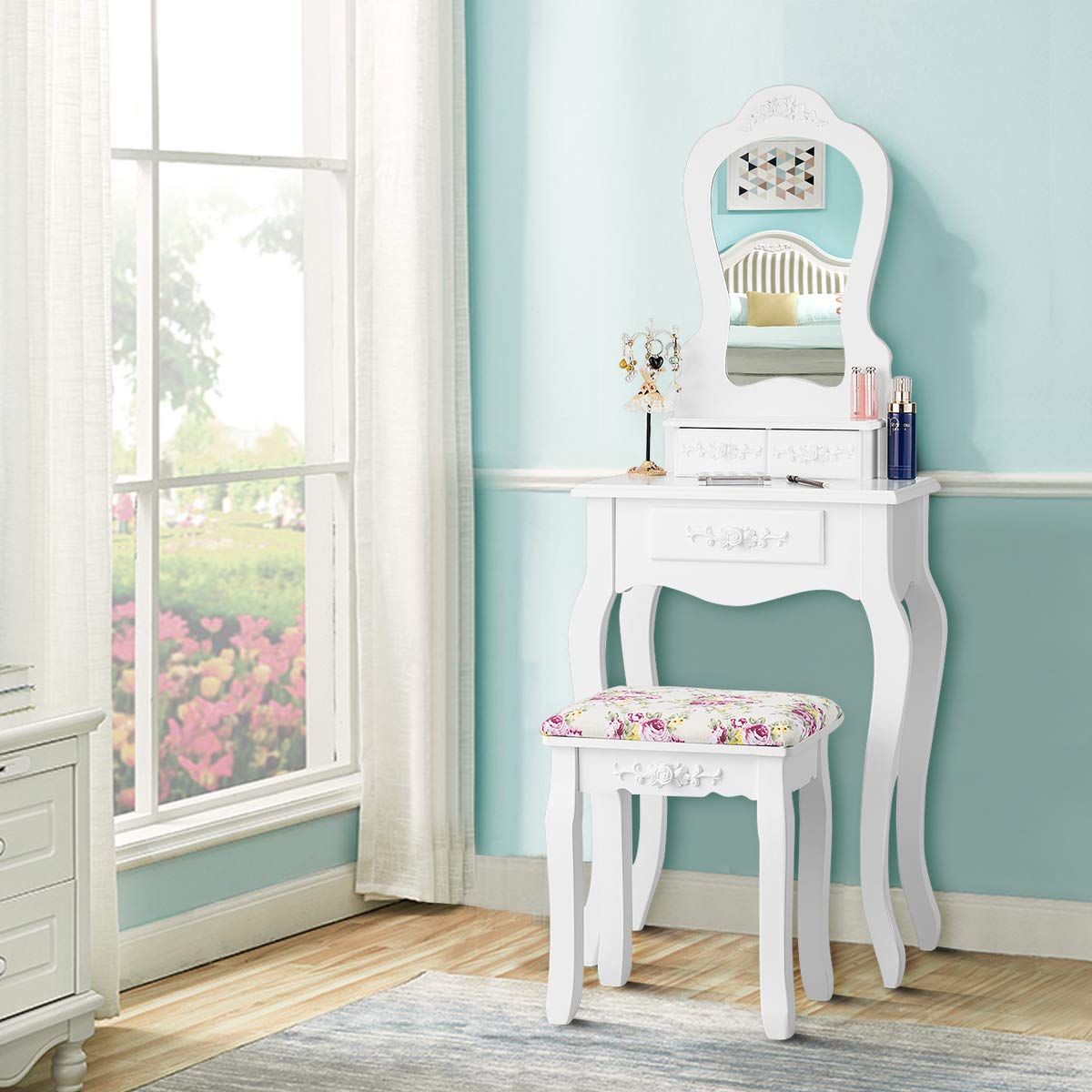 Giantex Small Vanity Desk Set with Mirror - White Makeup Dressing Table with Cushioned Stool & 3 Storage Drawers, 20 Inch Compact Vanity for Girls Bedroom | Perfect for Small Spaces, Makeup Application & Home Decor