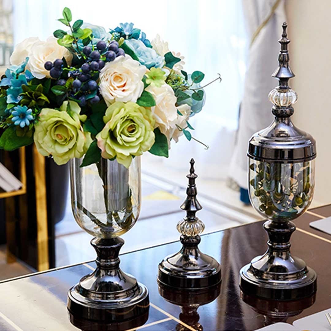 2 Pack Clear Glass Flower Vase with Lid - Modern Transparent Decorative Vase Set for Home Decor, Wedding Centerpieces, and Office Table Arrangements