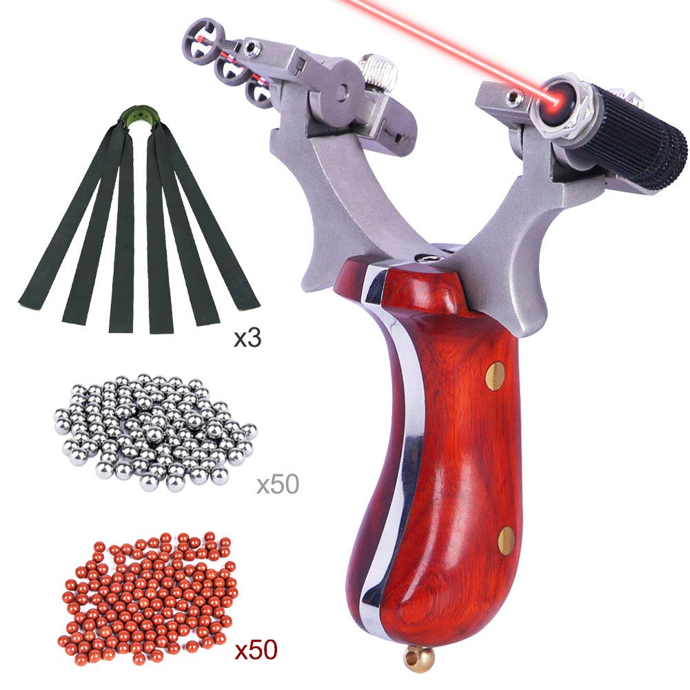 Professional Hunting Slingshot Kit - High Velocity Stainless Steel Catapult with Wooden Handle, 3 Replacement Rubber Bands, 50 Ammo Balls & 50 Hard Clay Balls | Outdoor Survival Gear, Hunting Accessories, Camping Equipment