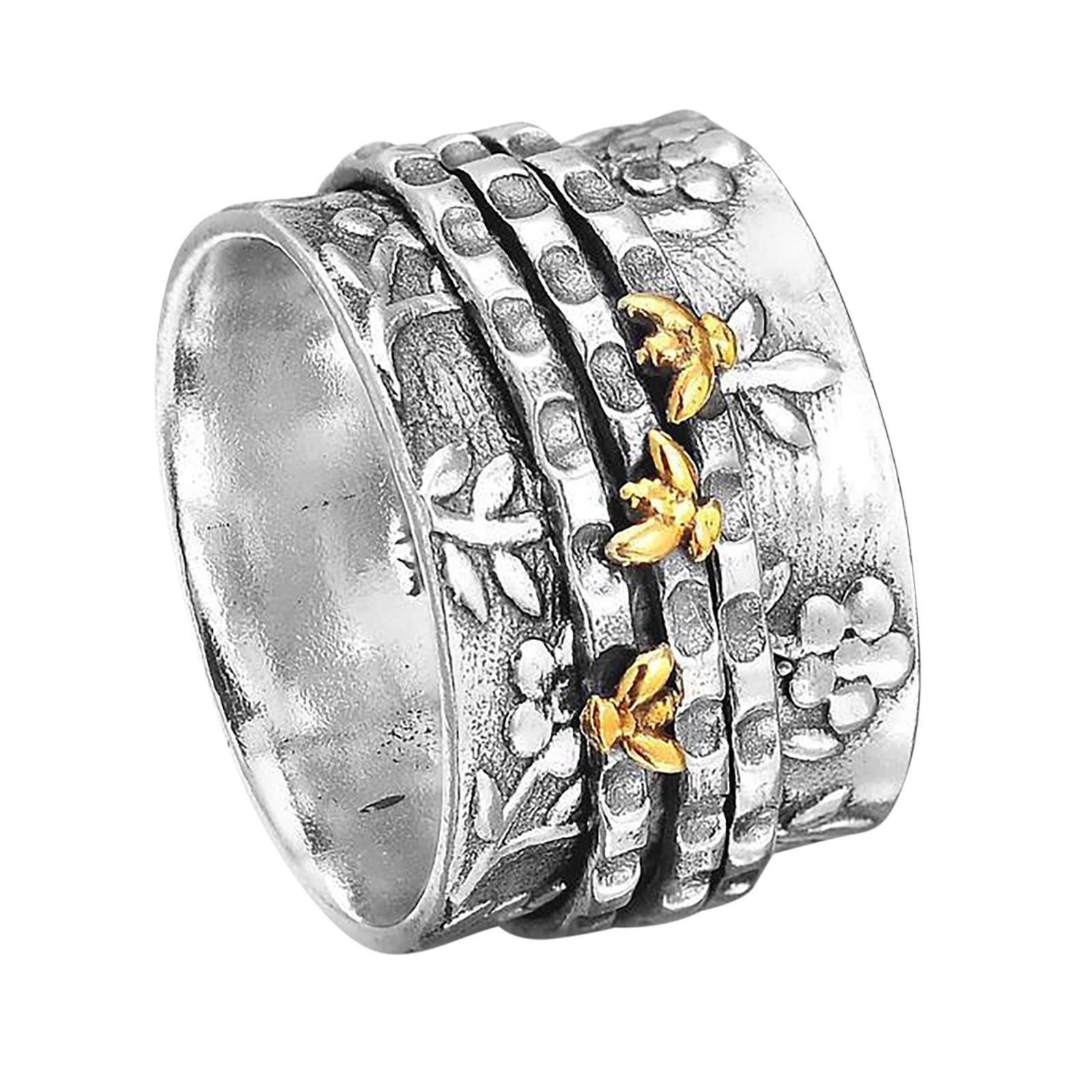 Vintage Bee Flower Two-Tone Silver Stackable Rings for Women - Adjustable Rotating Fashion Jewelry - Perfect for Layering, Gift Giving & Everyday Wear