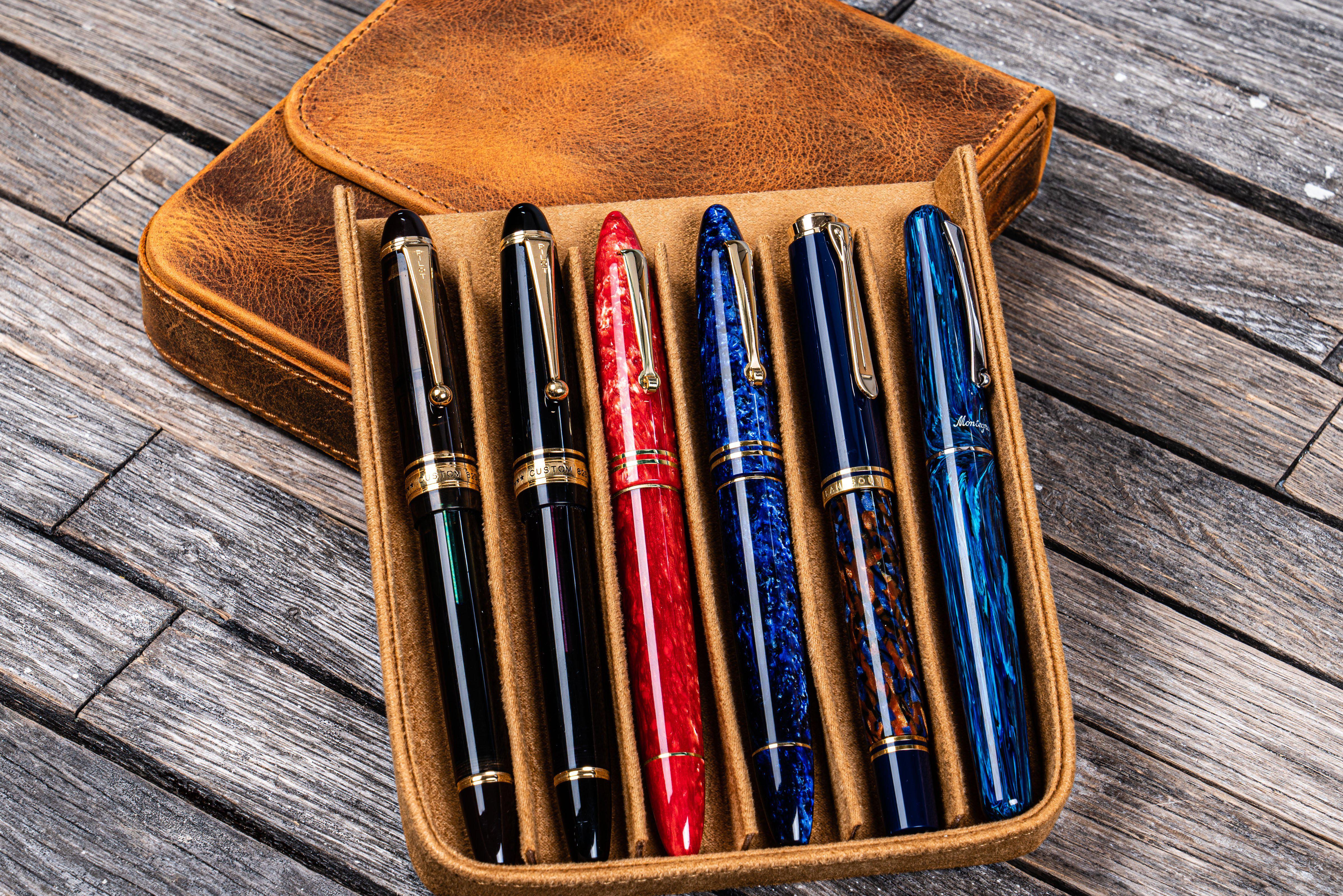 Premium Leather Magnum Opus 6-Slot Hard Pen Case with Removable Tray - Crazy Horse Brown | Luxury Pen Storage for Fountain Pens, Ballpoints & Calligraphy Tools | Perfect for Office, School & Travel Use