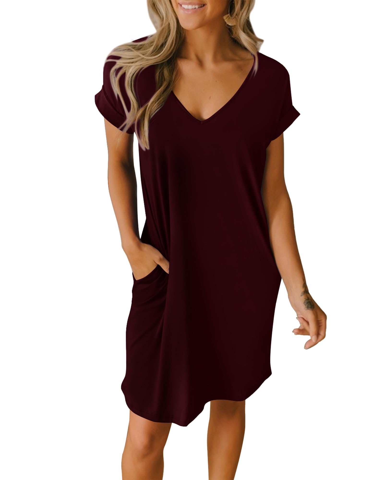 BTFBM Women's V-Neck Short Sleeve Summer Dress 2025 - Casual Loose Tunic T-Shirt Dress with Pockets | Spring Outfits, Beach Wear, Lounge Pajamas