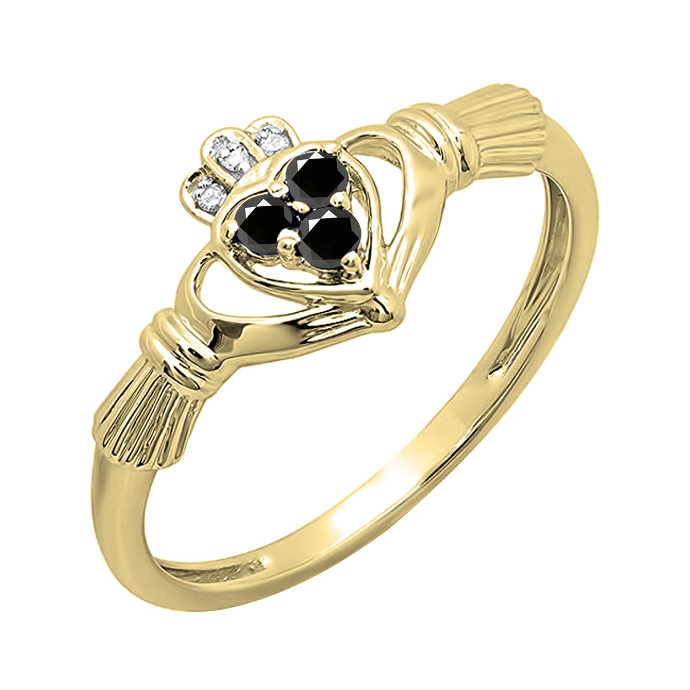 10K Solid Gold Claddagh Heart Ring for Women - Round Black & White Diamond Irish Love & Friendship Promise Ring | Wedding, Engagement, Anniversary Gift Idea