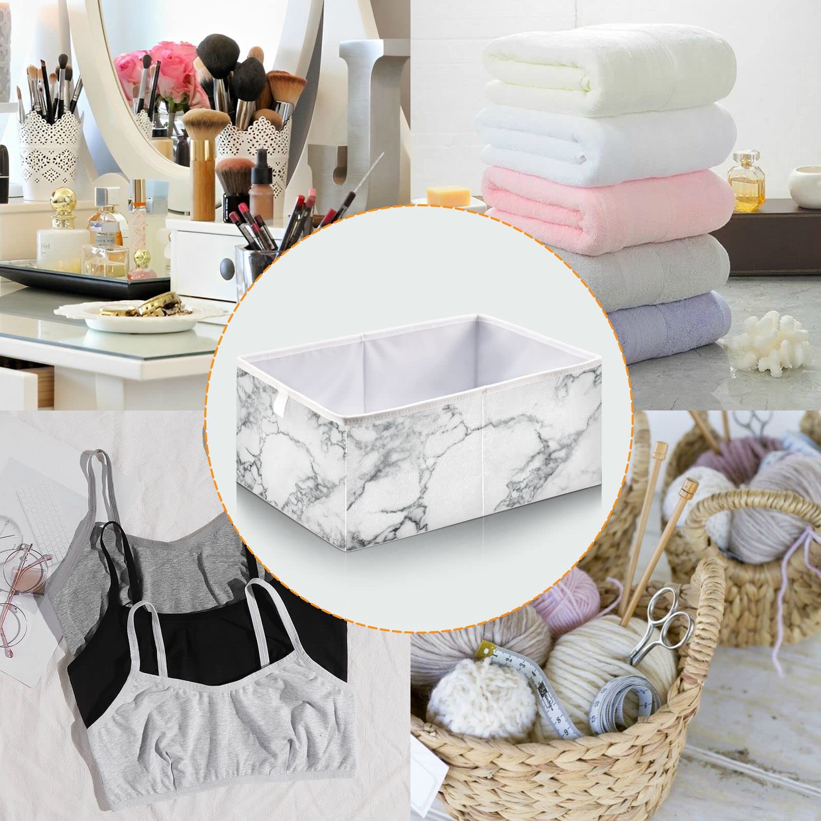 White Marble Storage Basket - Collapsible Square Bin for Nursery, Closet, Shelf & Car - Towel & Home Organizer - Perfect for Baby Room, Bathroom & Vehicle Storage