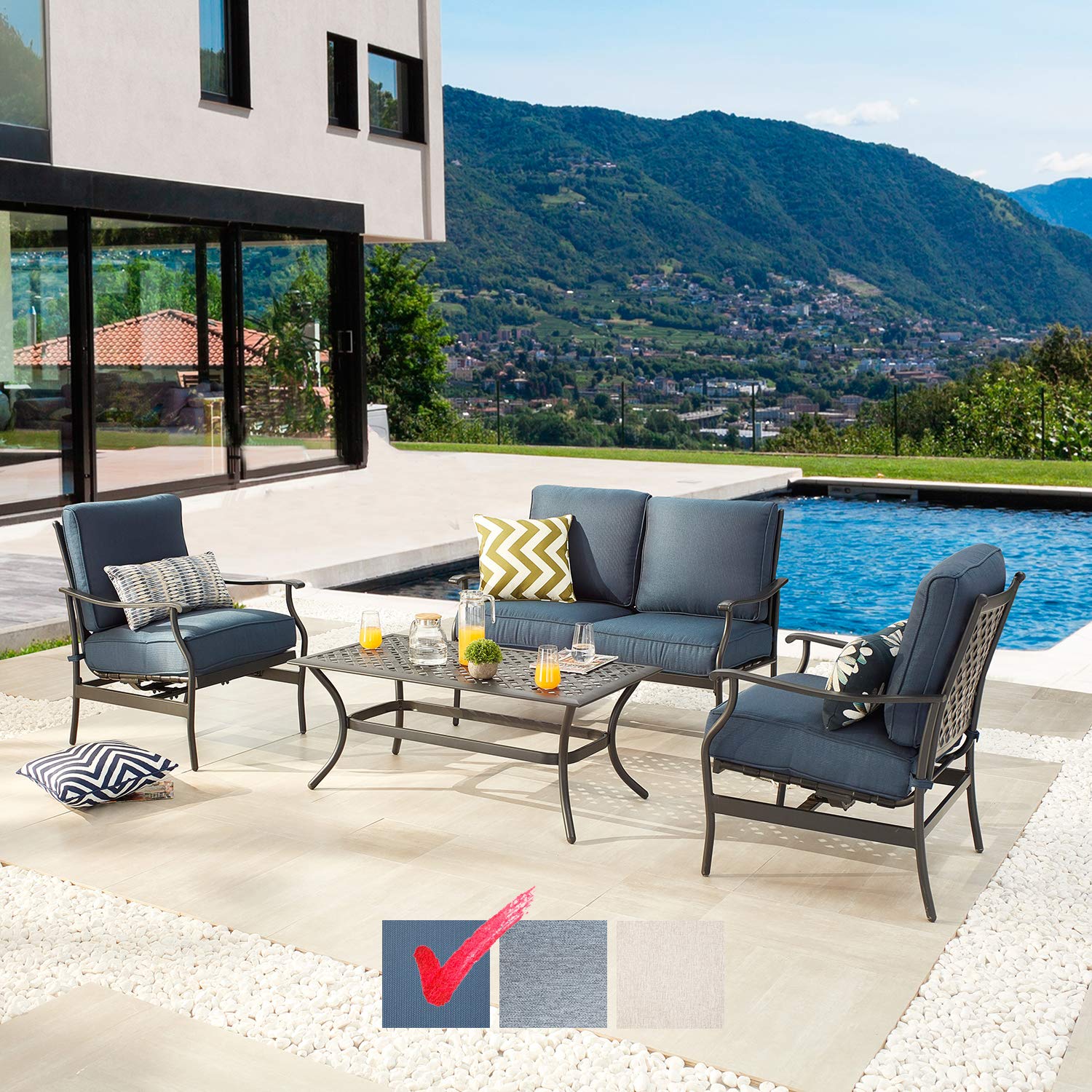 4-Piece Outdoor Patio Conversation Set with Coffee Table - 4 Seats Loveseat & Armchairs, Thick Soft Cushions, Durable Metal Frame & Weather-Resistant Fabric - Perfect for Garden, Backyard, Poolside or Bistro (Blue)