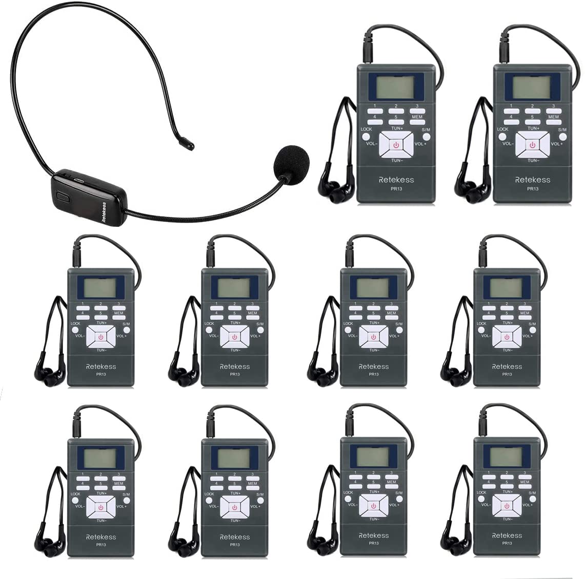 Retekess TR503 FM Transmitter & 10 PR13 FM Radio Receivers - Wireless Church Translation System for Clear Audio in Factory, Museum, School, and Conference Rooms - Ideal for Multilingual Events and Guided Tours
