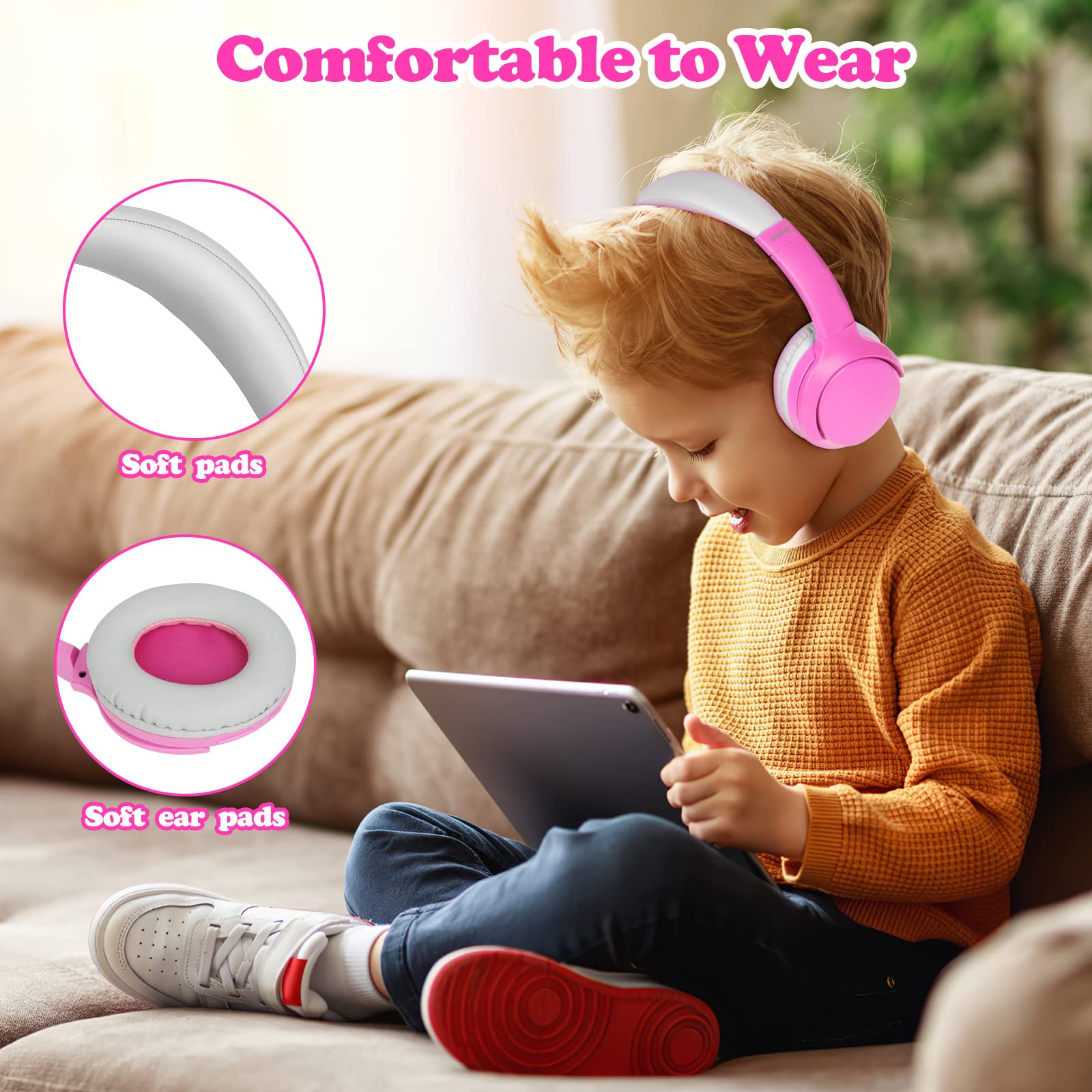 FFZ Kids Wireless Headphones with Volume Limiter - Adjustable Over-Ear Bluetooth 5.3 Headphones with Built-in Mic for Boys & Girls - Safe for School, Travel, iPad, Tablet & PC Use (Pink) - Perfect for Online Learning, Airplane Rides & Home Entertainment