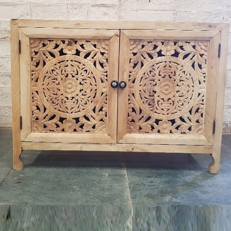 Hand Carved Indian Solid Wood Buffet Cabinet Sideboard - Traditional Dynasty Design for Dining Room Storage & Display