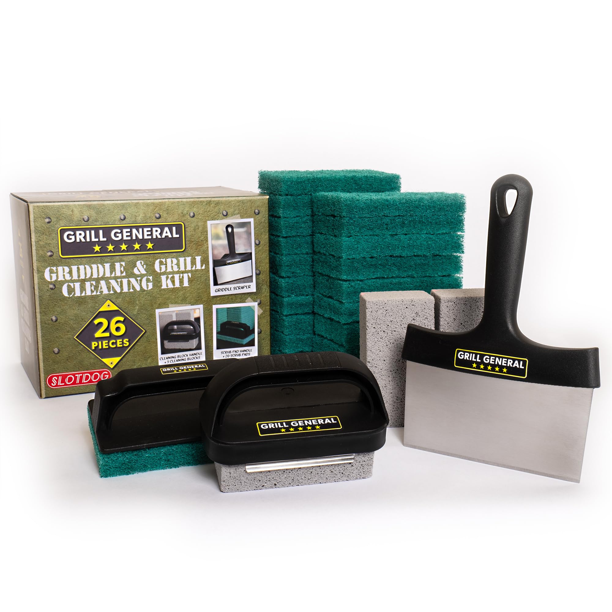 26-Piece Griddle & Grill Cleaning Kit for Blackstone, Weber, Traeger - Stainless Steel Scraper, 20 Scour Pads, 3 Cleaning Blocks with Handles - Perfect for Outdoor BBQ, Camping & Backyard Cooking - by SLOTDOG