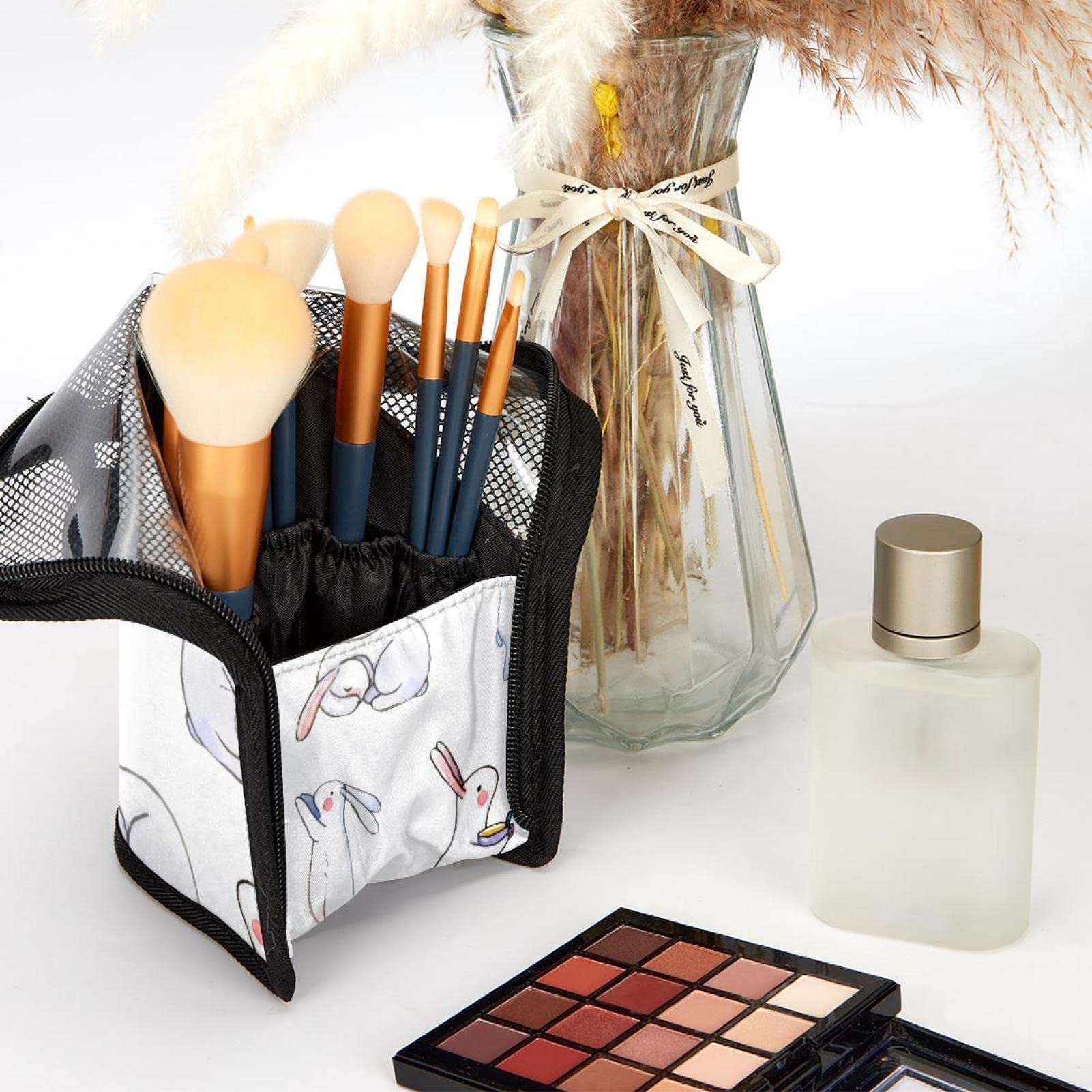 Portable Makeup Brush Organizer Bag with 12 Slots - Cute Watercolor Rabbit Design Travel Cosmetic Brush Holder Case - Perfect for Home Storage & Travel Makeup Kits