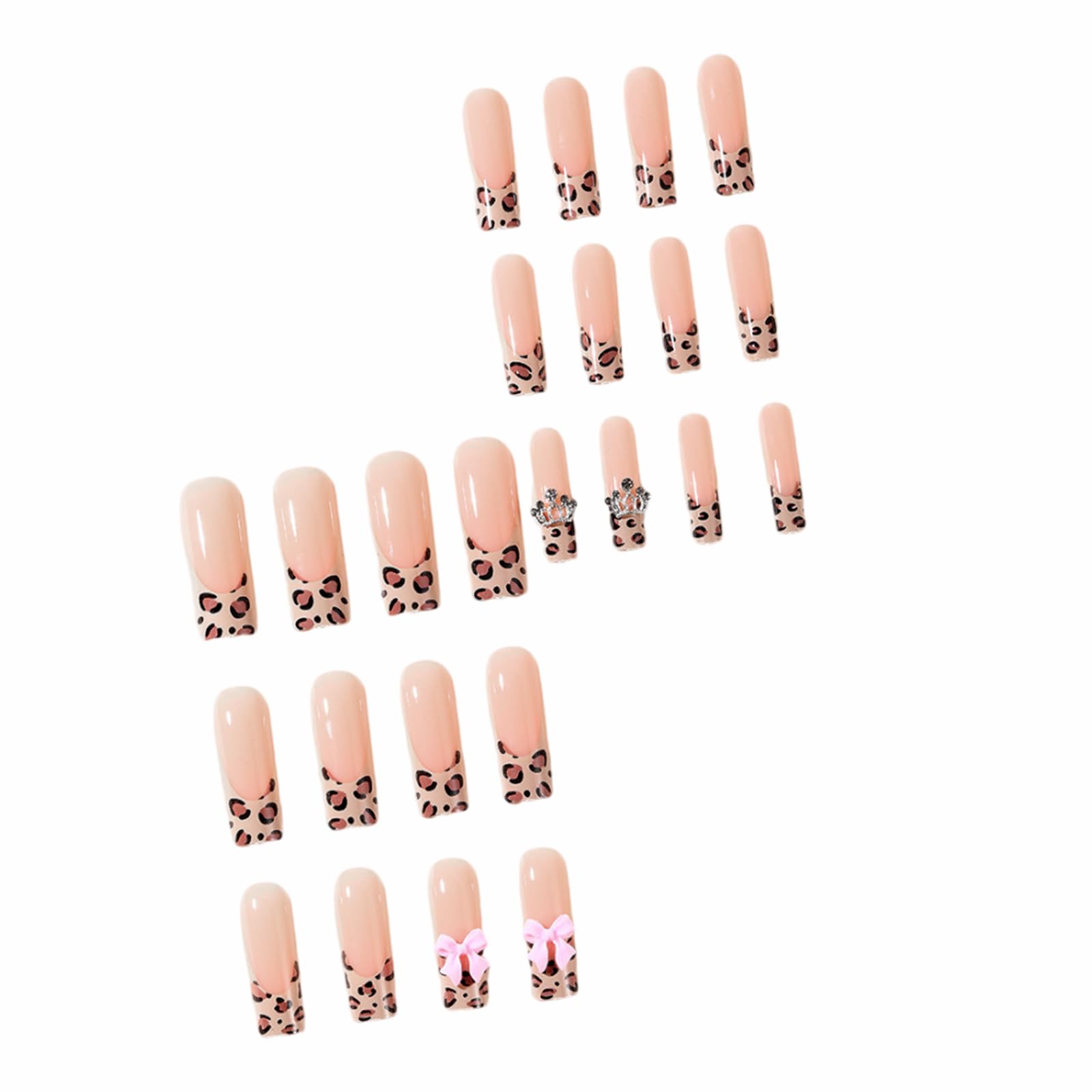 French Tip Leopard Print Press on Nails - Long Coffin Fake Nails with 3D Resin Bow & Rhinestone Designs - Glossy Nude Pink Full Cover Acrylic Stick on Nails for Women - 24Pcs - Perfect for Parties, Weddings & Special Occasions