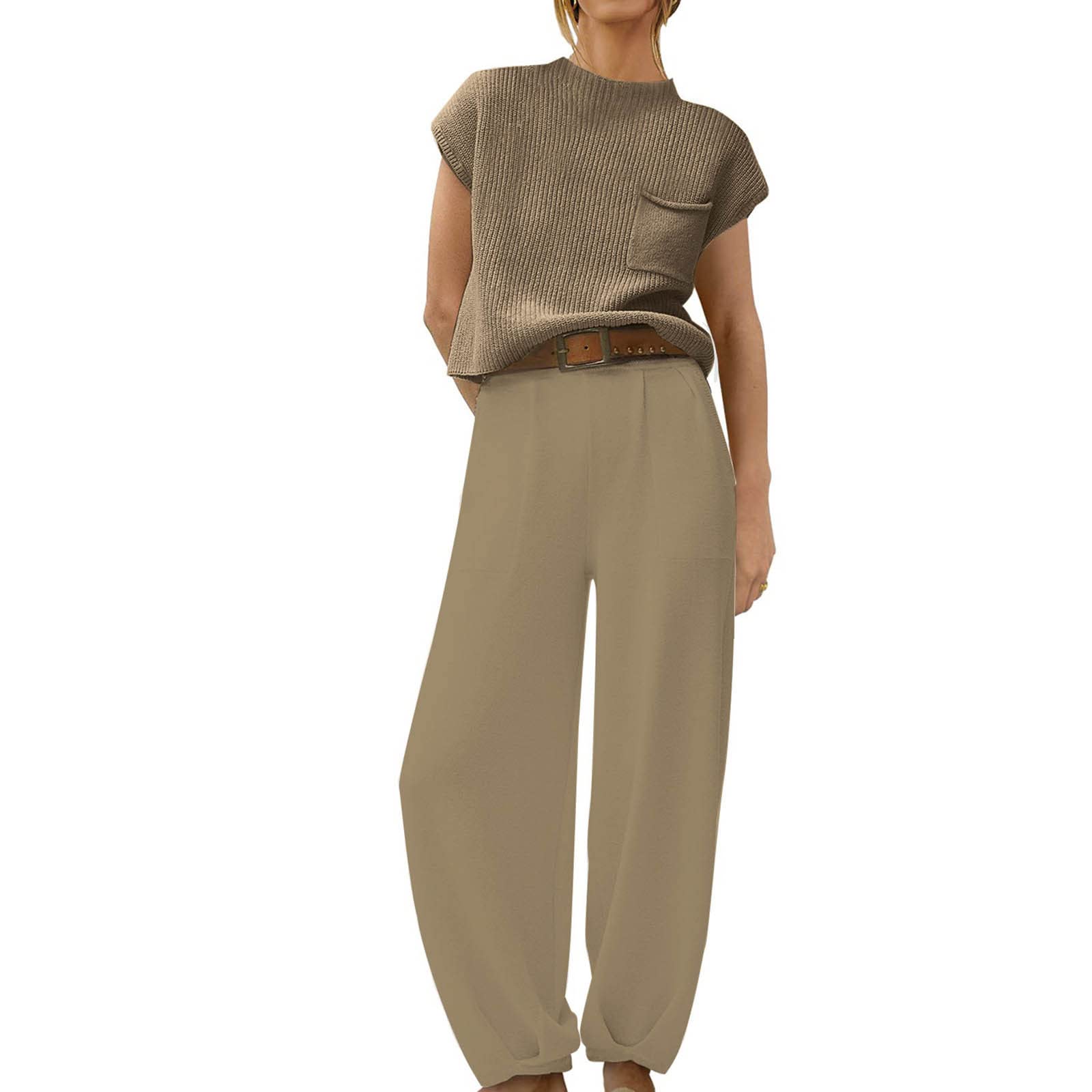 Women's 2 Piece Lounge Set - Soft Knit Short Sleeve Crewneck Pocket Top with Tapered Long Pants | Cozy Sweater Outfit for Home, Travel & Casual Wear