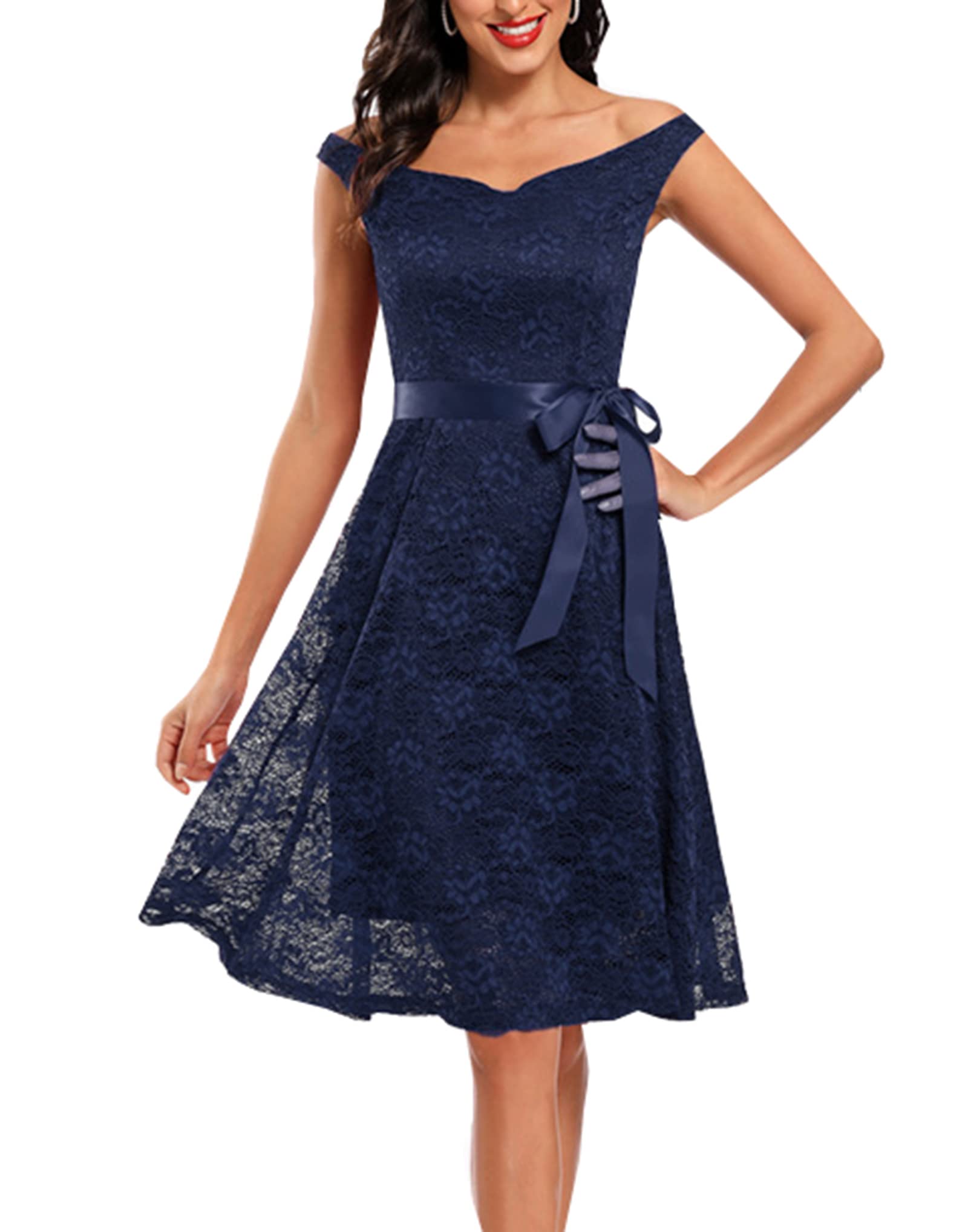 Elegant Lace Floral Wedding Guest Dress - Off Shoulder Formal Swing Dress with Belt for Bridal Shower, Garden Party & Special Occasions