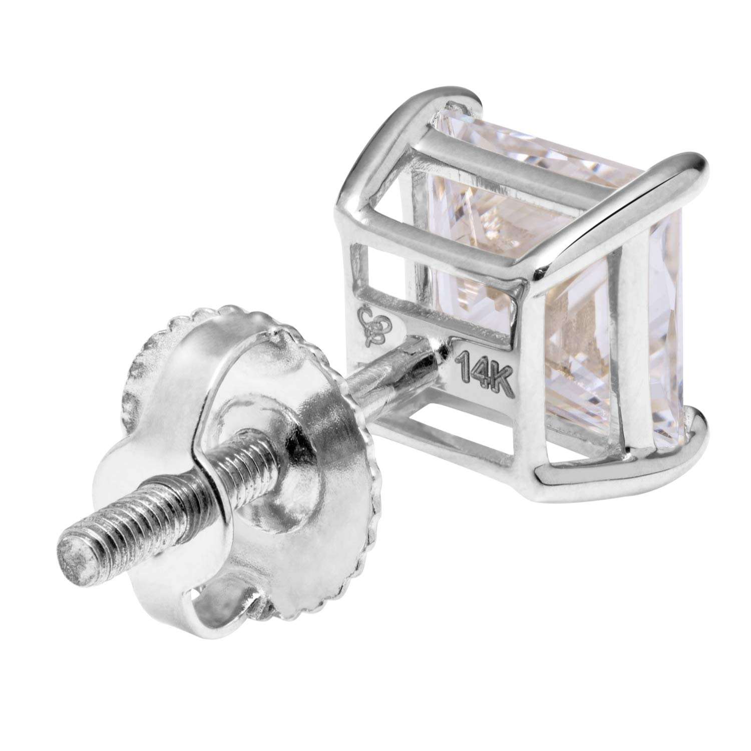 14K Solid White Gold Single Stud Earrings - Round or Princess Cut Cubic Zirconia Screw Back Post Earrings with Gift Box | Elegant Everyday Jewelry for Women, Perfect Gift for Birthdays, Anniversaries & Special Occasions