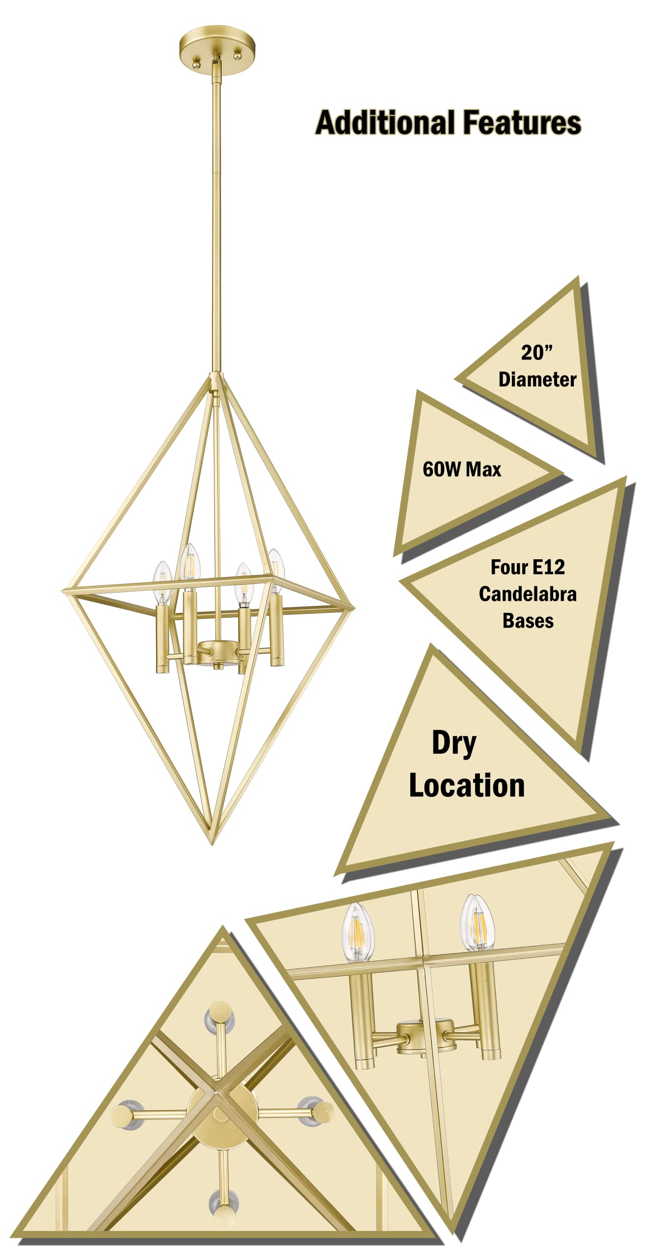 Modern Geometric Triangle Gold Pendant Light - 4-Light Farmhouse Ceiling Fixture for Kitchen Island, Dining Room, Living Room & Bedroom - Perfect for Farmhouse, Industrial & Contemporary Home Decor