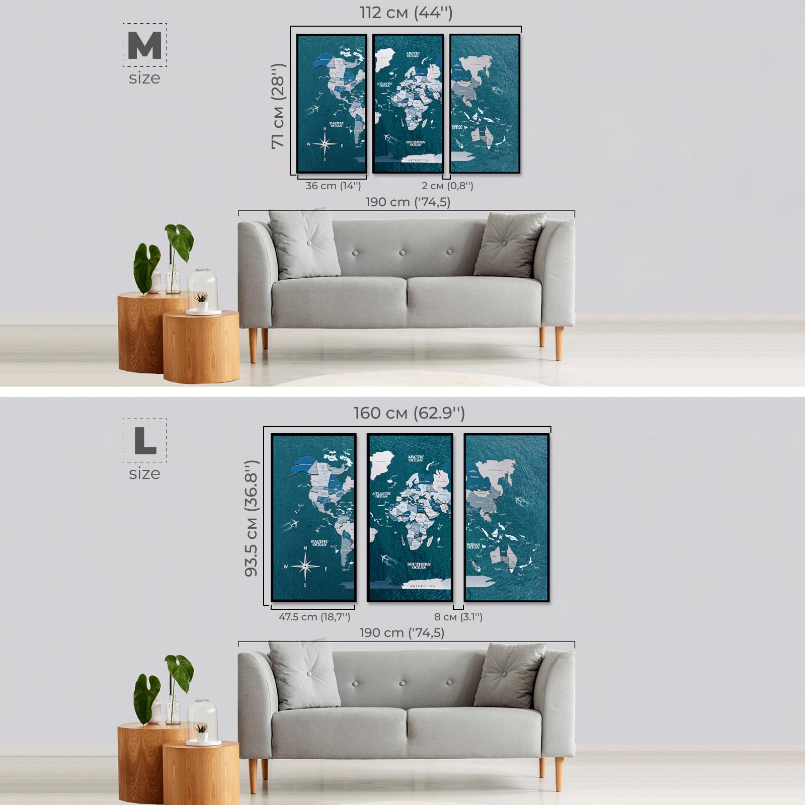 3D Wooden World Map Wall Art - Framed Travel Decor Triptych Panel Set for Home & Office - Rustic Housewarming Gift (Medium, Aqua) | Perfect for Living Room, Bedroom Decor & Travel Enthusiast Gifts