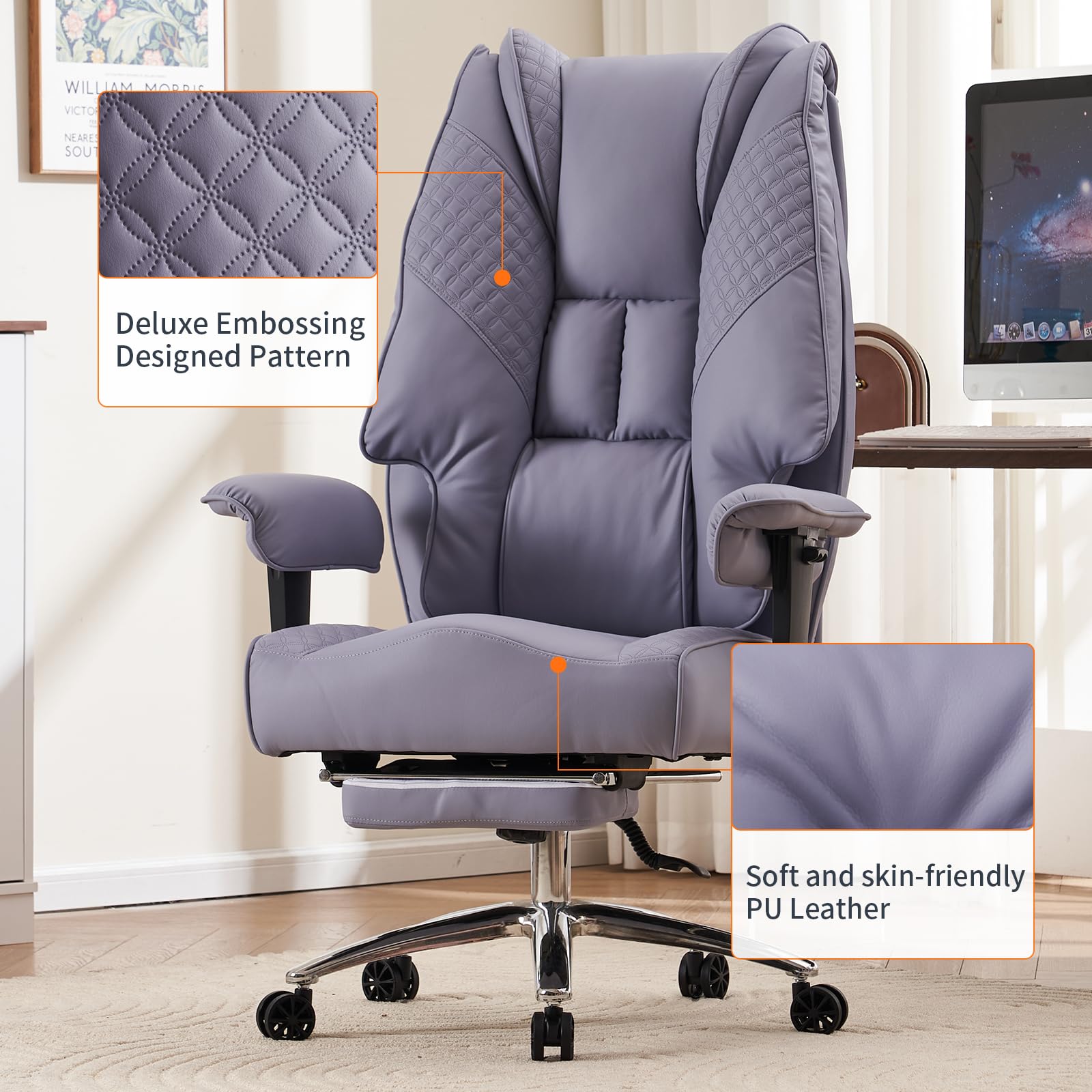 Big and Tall Office Chair 400lbs Capacity - Wide Seat Leather Executive Chair with Adjustable Footrest & Lumbar Support - Ergonomic High Back Desk Chair for Back Pain Relief (Light Purple) - Perfect for Home Office, Gaming, and Long Work Sessions