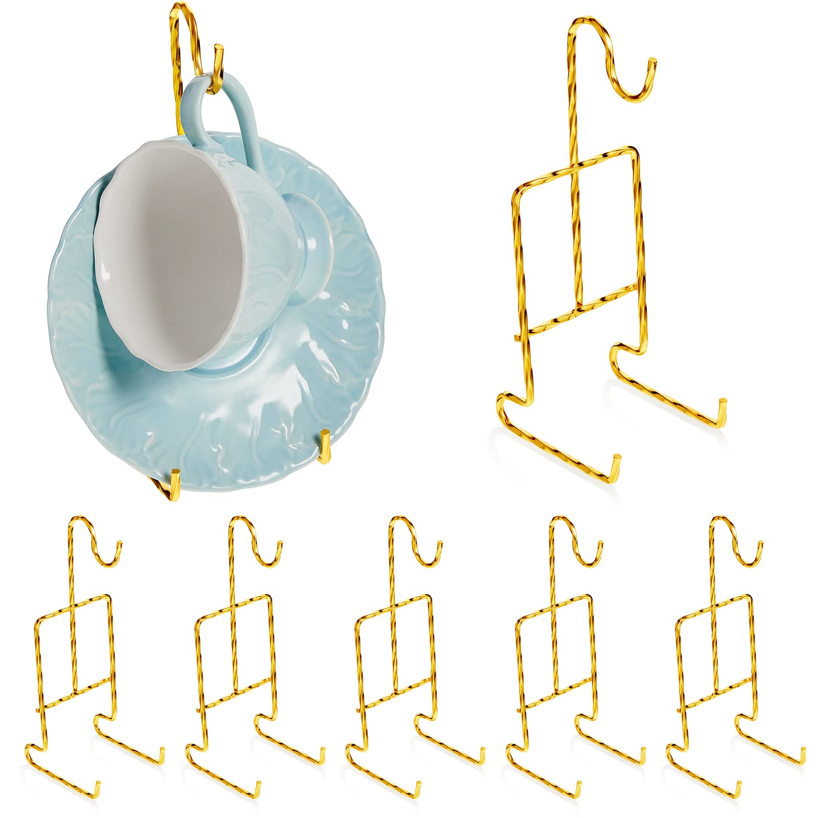 8-Piece Spiral Tea Cup and Saucer Display Rack - Rose Gold Metal Cup Holder for Coffee Mugs, Plates & Teapots (6.22 x 2.44 Inches) - Perfect for Kitchen Countertop, Coffee Shop, and Tea Party Organization
