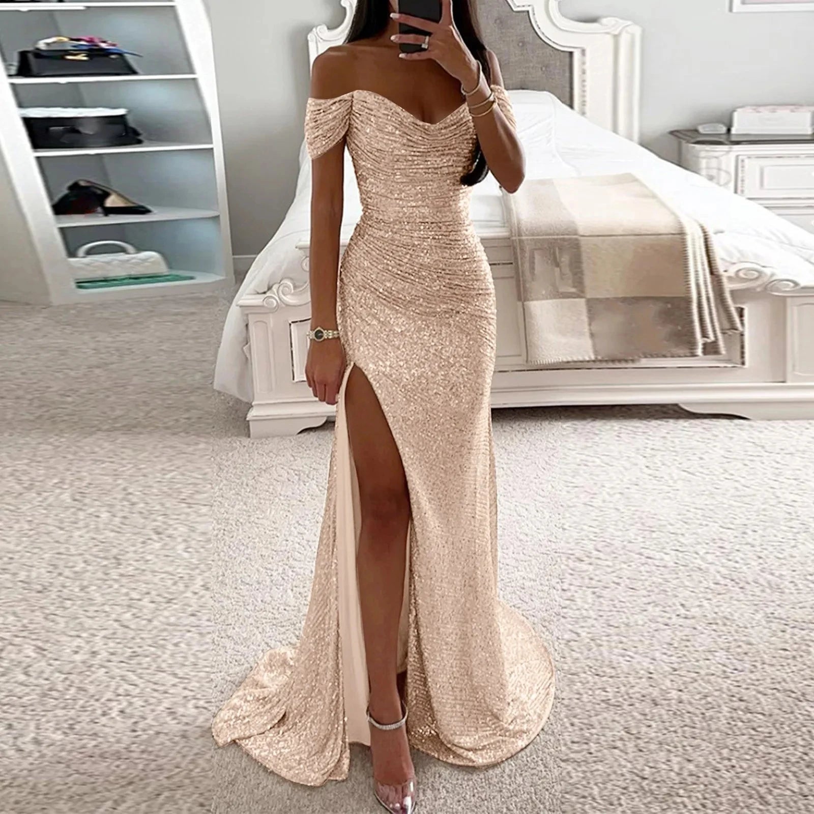 Elegant Off Shoulder Sequin Mermaid Maxi Dress for Women | 2025 Prom Party Evening Gown | Perfect for Formal Events, Weddings & Special Occasions