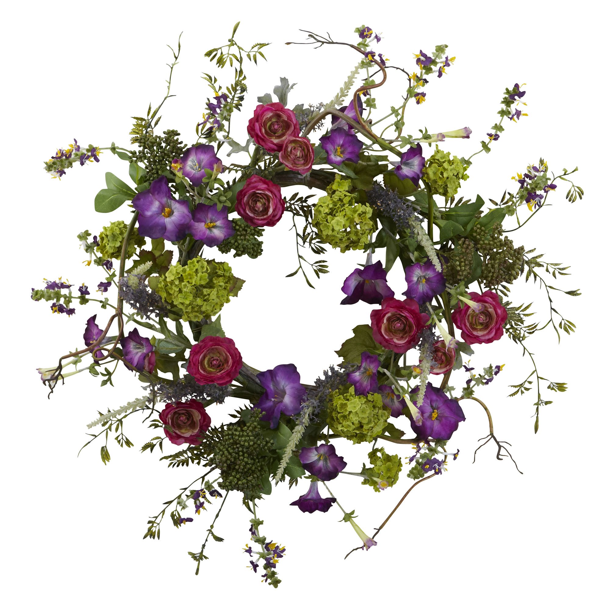 Nearly Natural 20 Inch Artificial Veranda Garden Wreath - UV Resistant Faux Greenery for Front Door Decor, Porch Hanging, and Year-Round Home Decoration