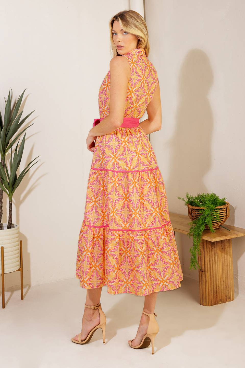 Stylish Orange & Pink Midi Dress for Women - Perfect for Park Outings, Picnics, and Summer Events | Flowy Casual Dress