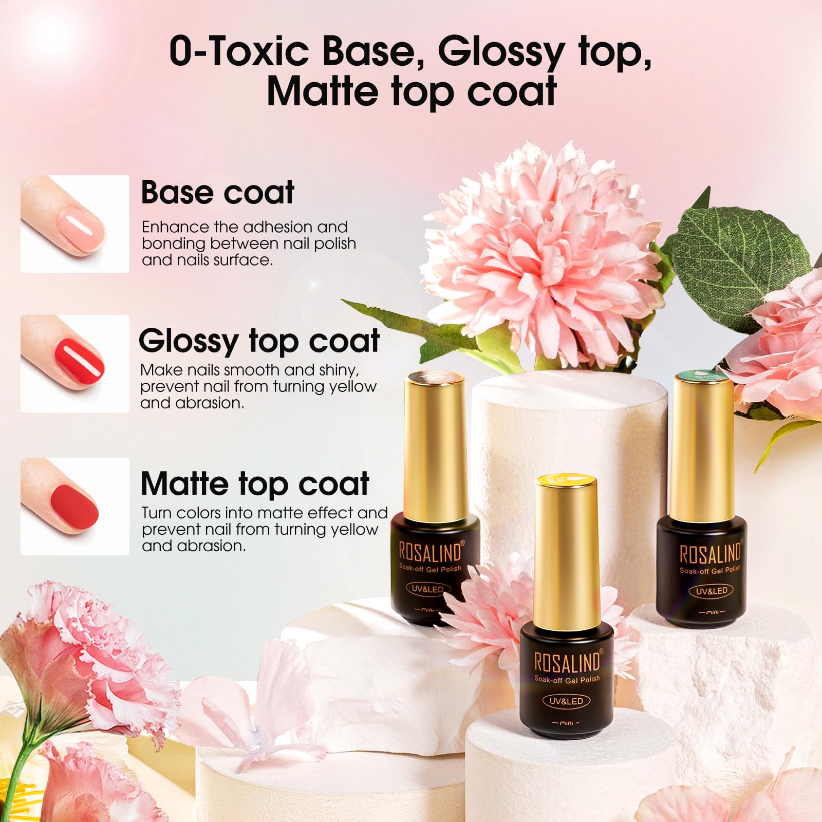 ROSALIND 65 PCS Gel Nail Polish Kit - Base Coat, Matte & Glossy Top Coat, All Seasons Nail Art Set for DIY Manicure at Home | Perfect for Beginners, Salon-Quality Nails, Gift Ideas & Party Glam