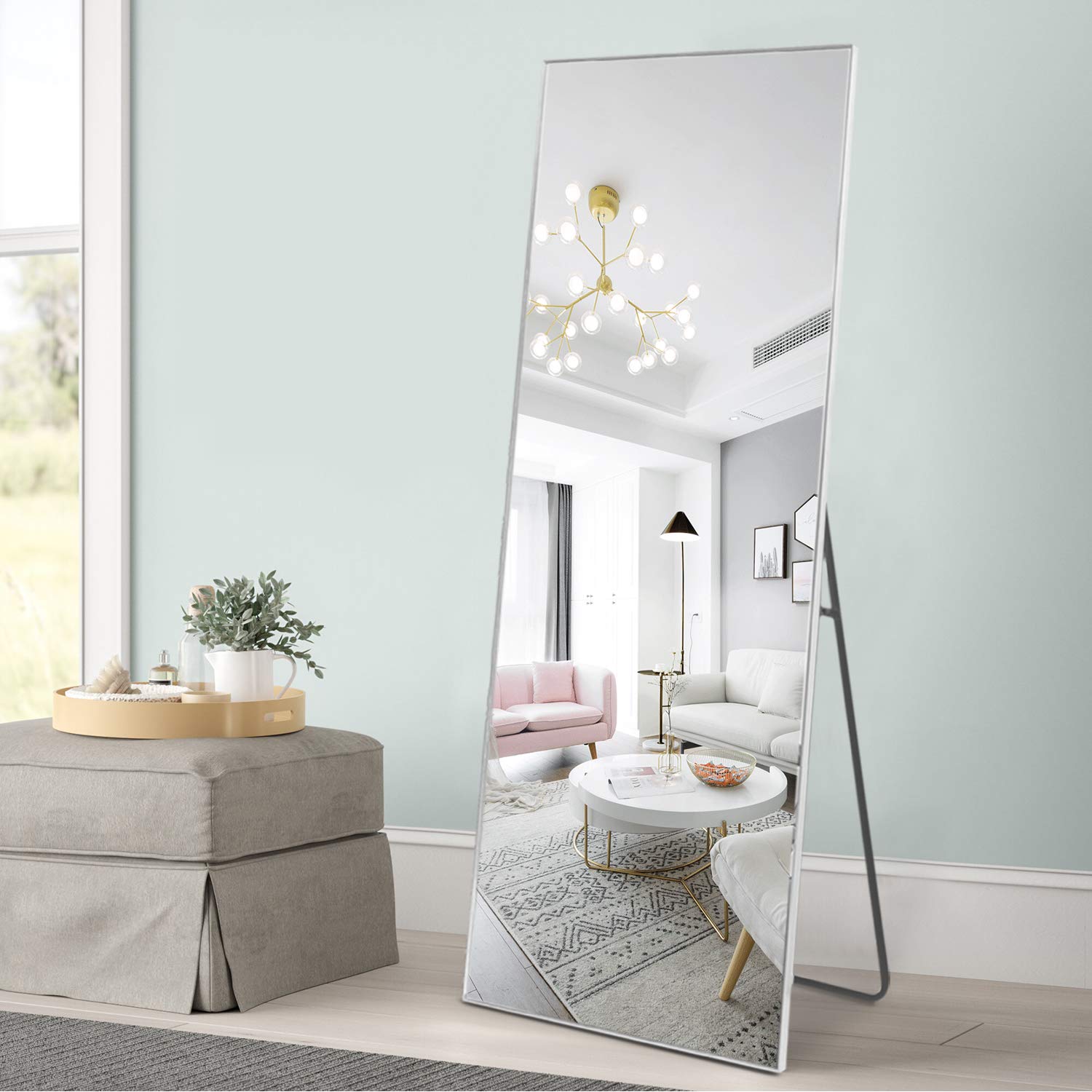 Full Length Mirror 59x20 Inches - Standing, Hanging or Wall-Mounted Floor Mirror with Aluminum Alloy Frame for Bedroom, Living Room & Dressing Room - Perfect for Full-Body Viewing, Outfit Checks and Home Decor (Silver)