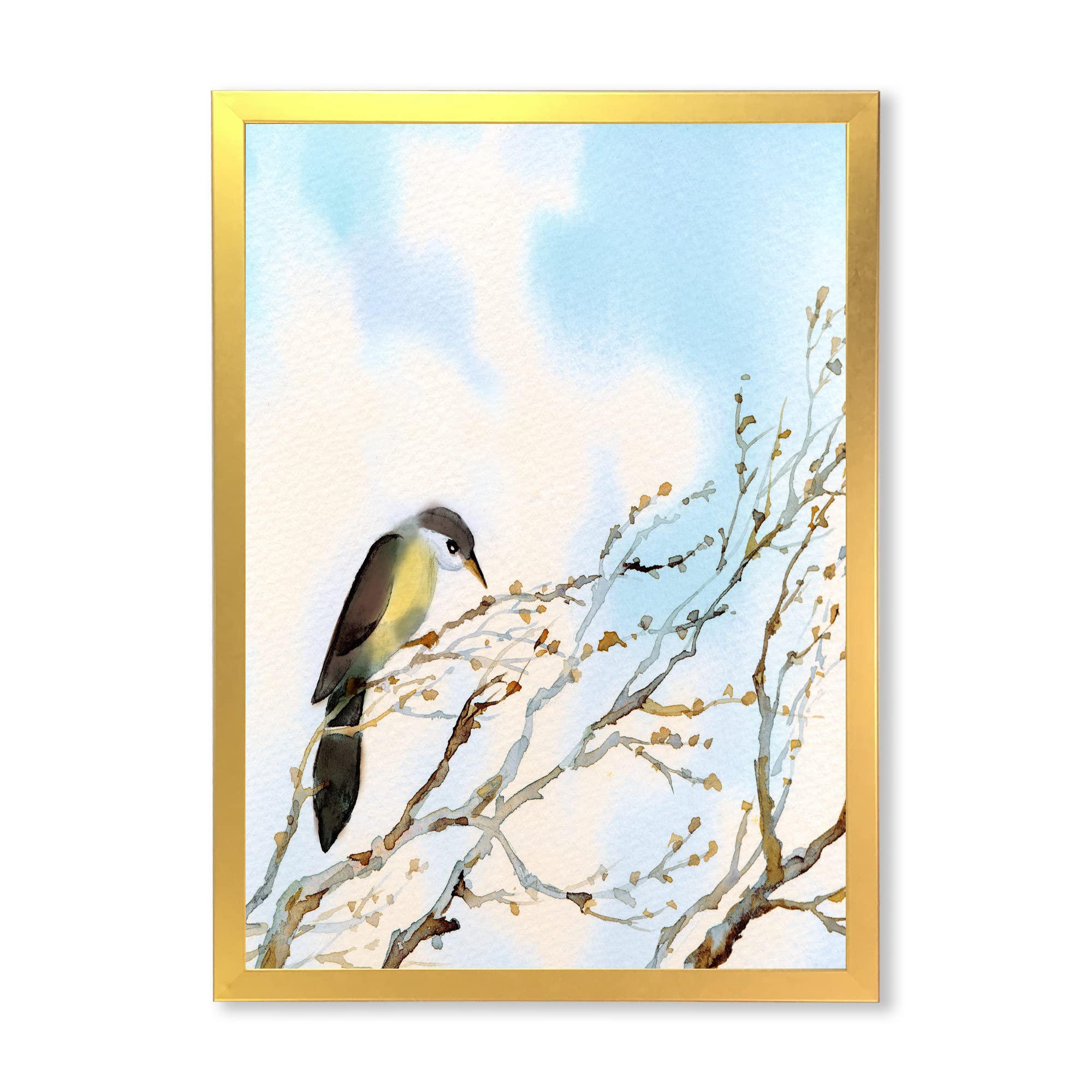 DesignQ Traditional Framed Wall Art - Blue Sky Bird on Bare Tree Painting - Perfect for Living Room, Bedroom & Office Decor