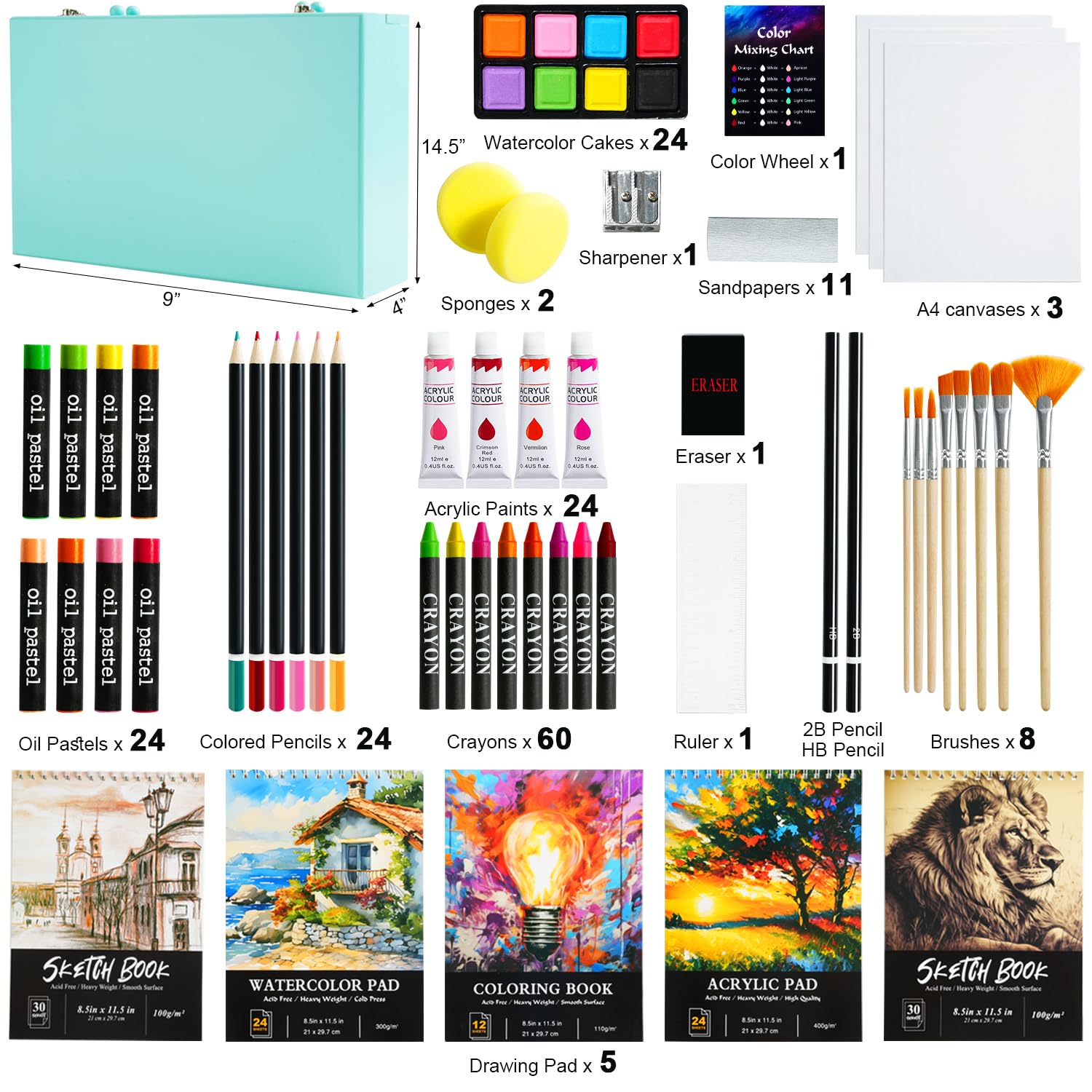 196-Piece Deluxe Art Kit with Acrylic Paints, Oil Pastels, Crayons & Colored Pencils - Includes 5 Drawing Pads, Canvases & Wooden Storage Box - Perfect Gift for Kids, Teens & Adult Beginners - Ideal for Home, School & DIY Art Projects