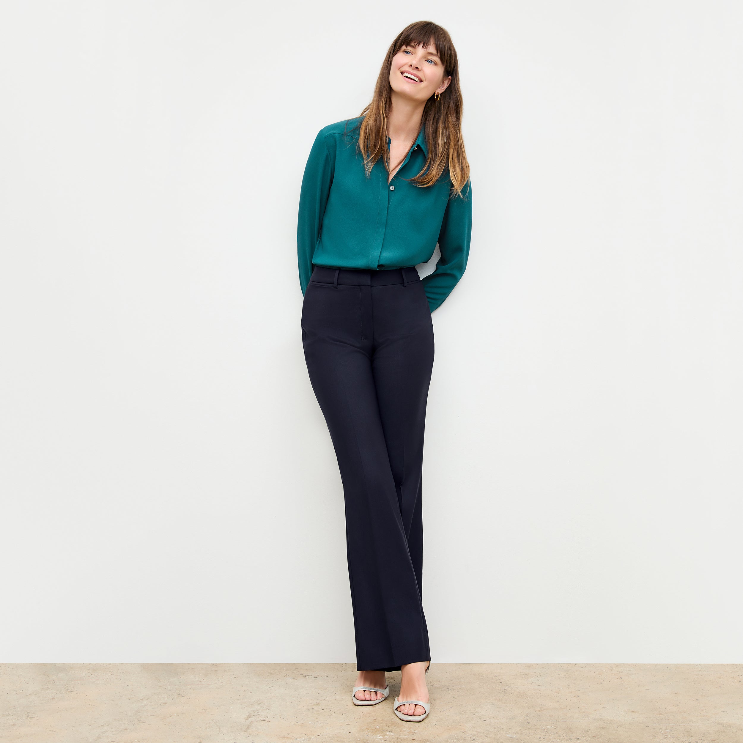 Horton Flare Trouser - Washable Wool Twill Pants for Women, Dark Navy - Perfect for Office Wear & Casual Outfits