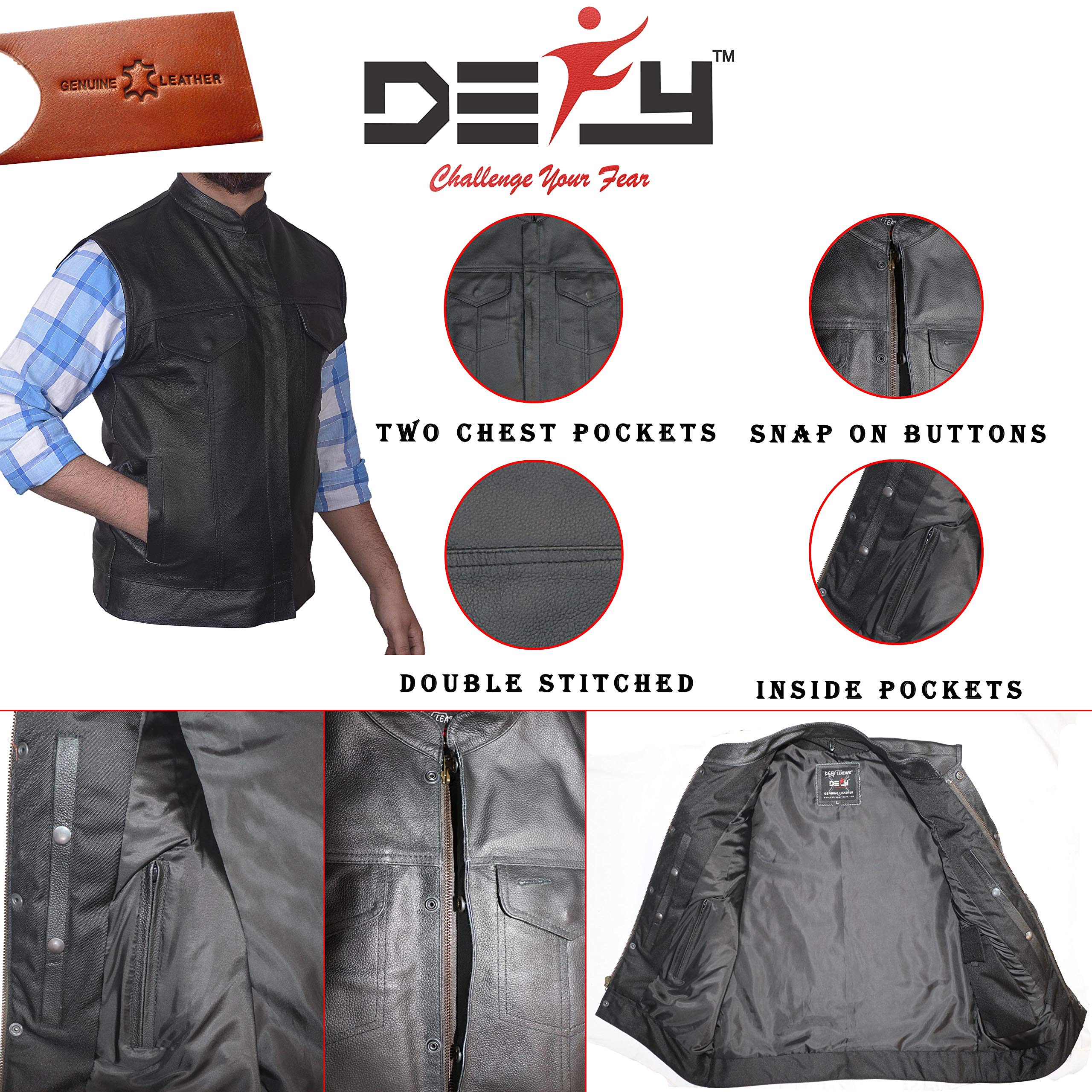 DEFY Challenge Your Fear Men's SOA Motorcycle Genuine Cowhide Leather Club Style Vest with Concealed Gun Pockets - Small | Biker Jacket for Harley Riders, Motorcycle Gangs & Outdoor Adventures