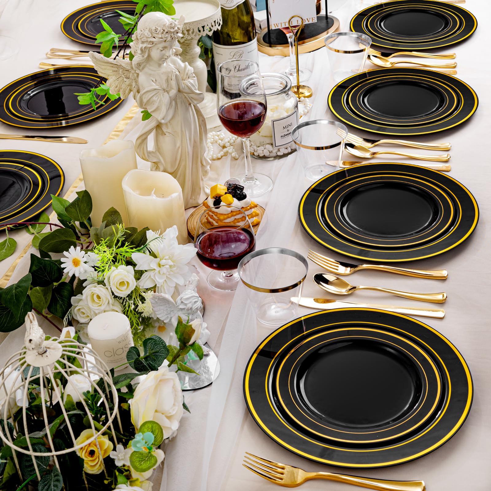 600-Piece Black and Gold Disposable Dinnerware Set - 100 Plastic Plates, 100 Dessert Plates, 100 Forks, 100 Knives, 100 Spoons & 100 Cups - Elegant Party Tableware for Weddings, Birthdays, Graduations and Special Events