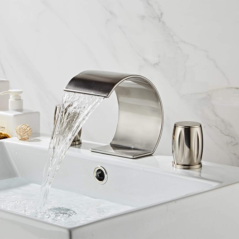 Wovier Brushed Nickel 8-16 Inch Waterfall Widespread Bathroom Sink Faucet - Two Handle Three Hole Lavatory Faucet with Basin Mixer Tap - Perfect for Modern Bathroom Vanities and Powder Rooms