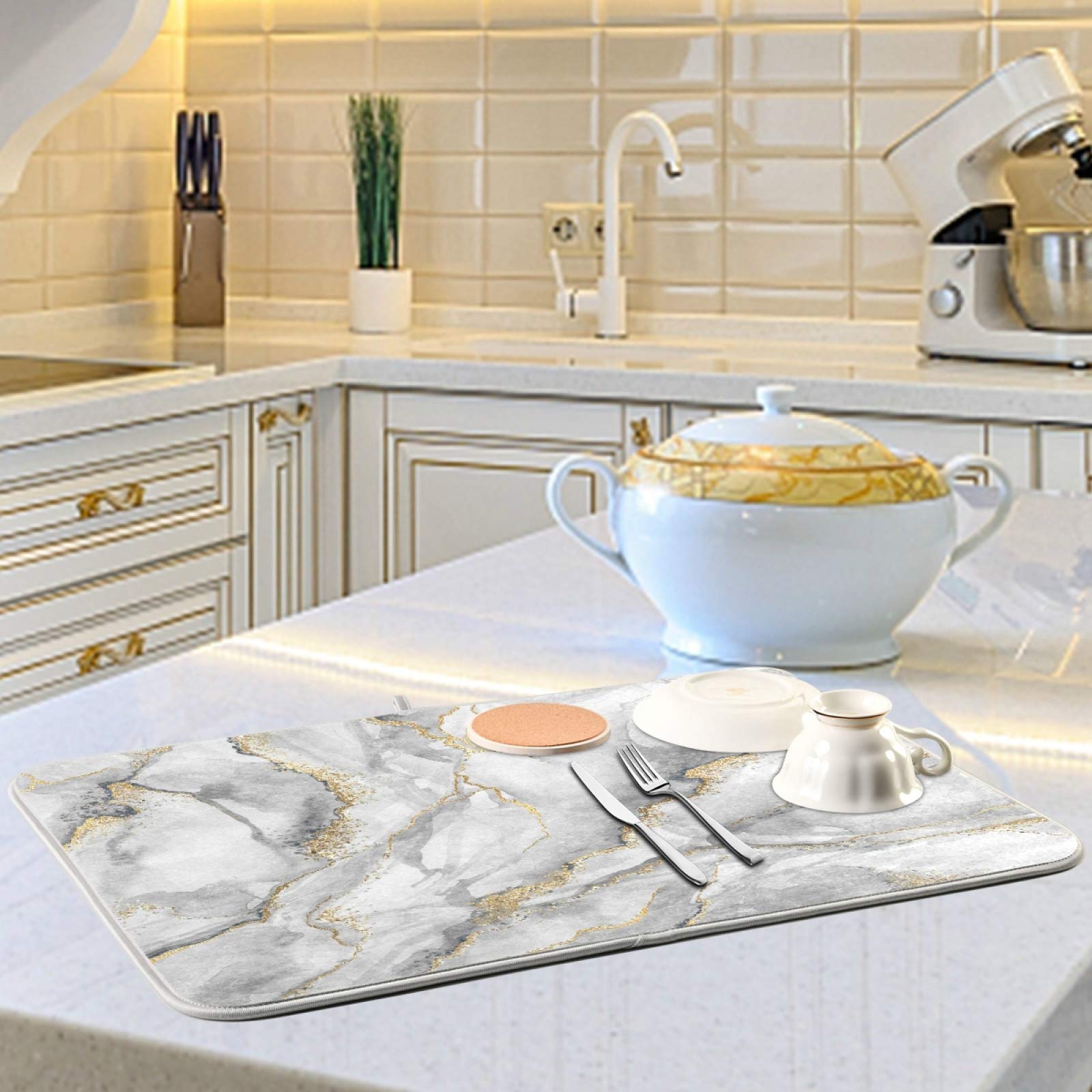 White Marble Dish Drying Mat 16x18 Inch - Absorbent Microfiber for Kitchen Countertops | Perfect for Drying Dishes & Decor