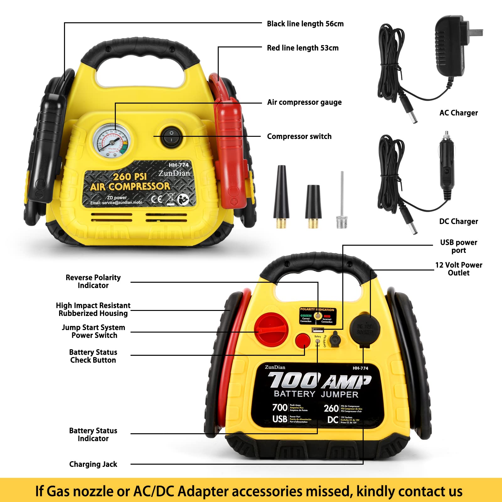 260PSI 4-in-1 Portable Car Jump Starter with Air Compressor - 1000A Battery Booster Pack for Gas/Diesel Vehicles (Up to 3L) - Includes Safety Jumper Cables, USB & DC Ports - Perfect for Emergency Roadside Assistance & Tire Inflation