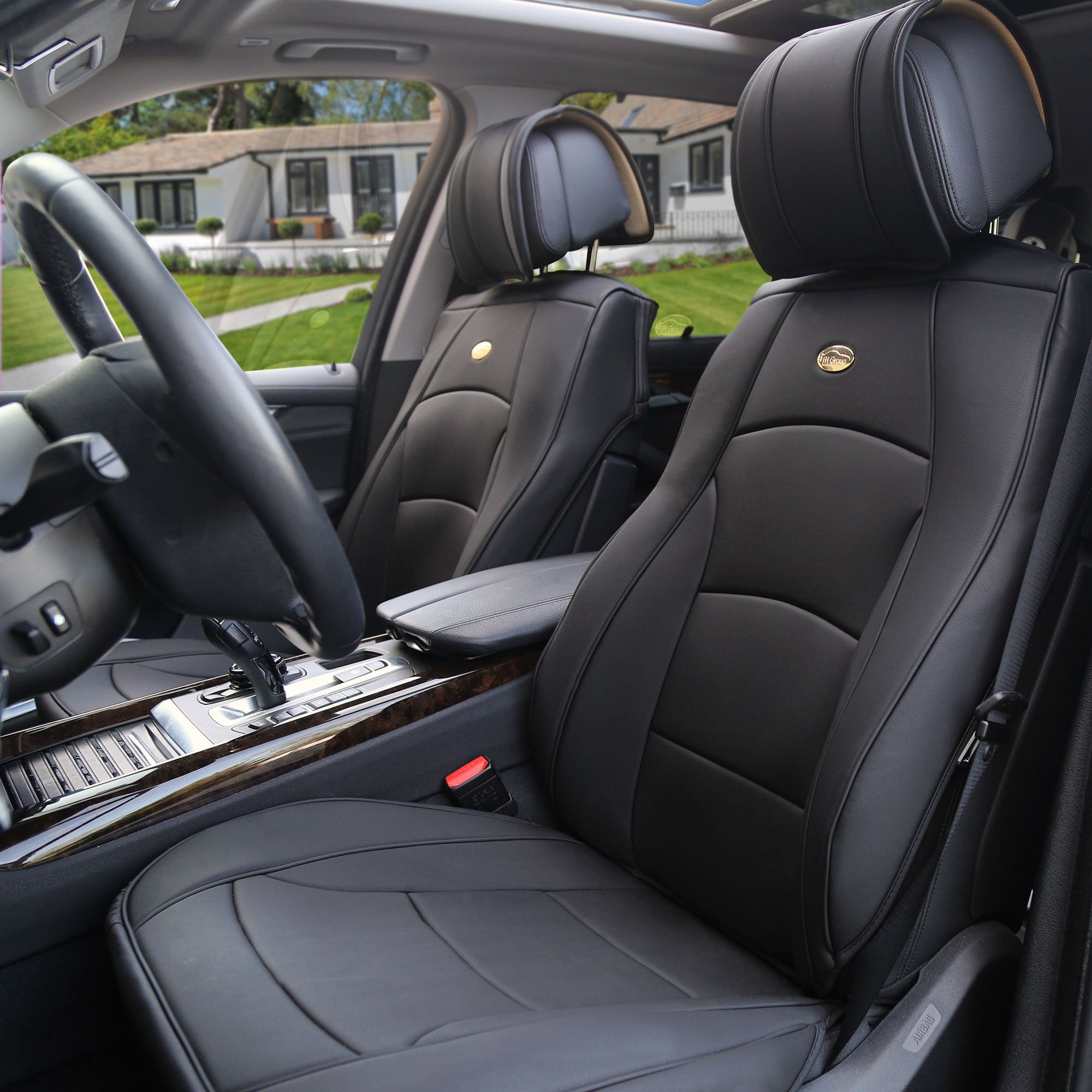 TLH Ultra Comfort Leatherette Seat Cushions - Front Only Solid Black Car Seat Covers with Air Freshener | Premium Automotive Seat Protector for SUV, Truck & Sedan | Interior Accessories for Enhanced Driving Comfort