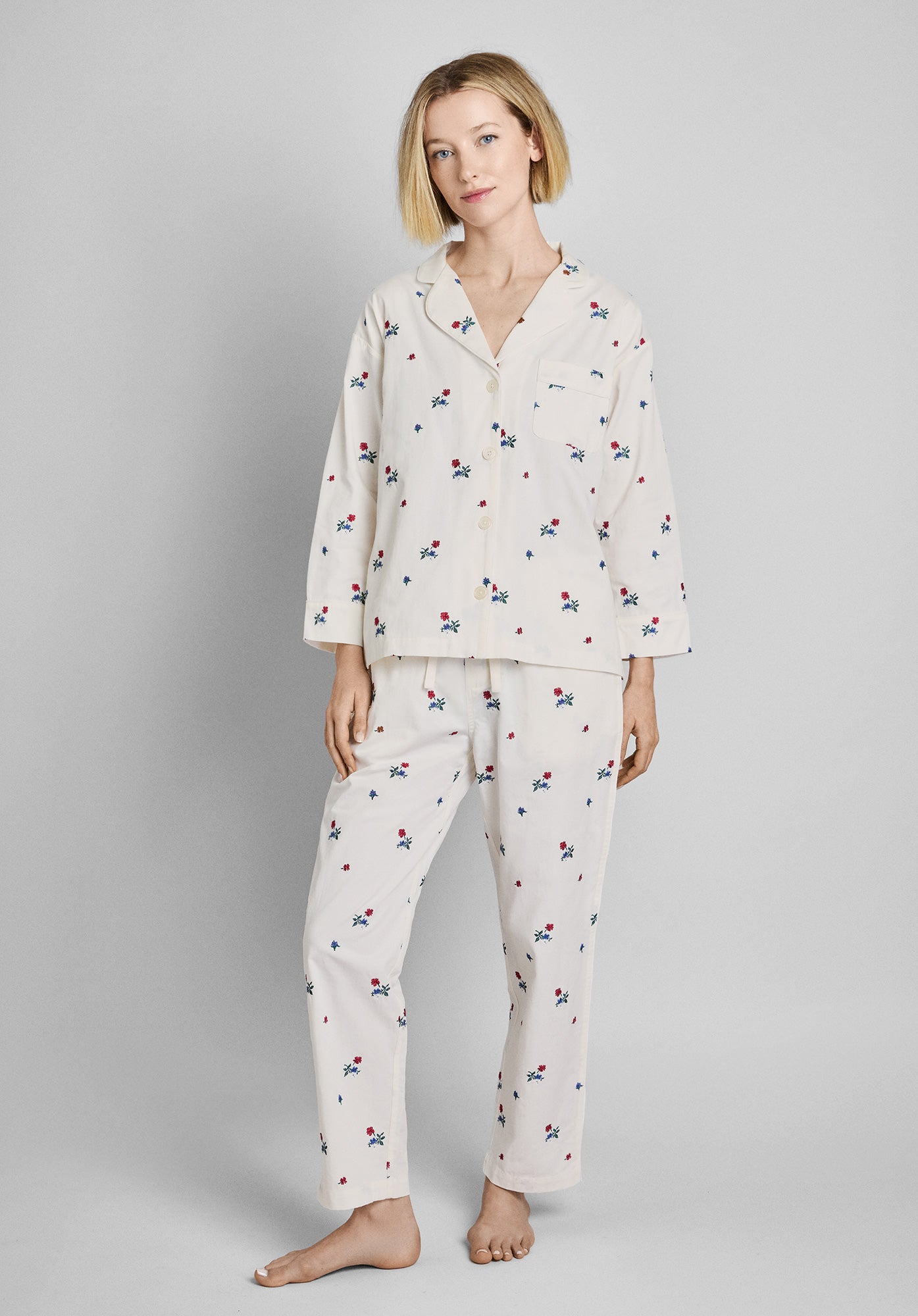 Embroidered Posy Floral Pajama Set for Women - Soft Cotton Sleepwear & Loungewear - Perfect for Relaxing at Home, Spa Days, and Cozy Nights