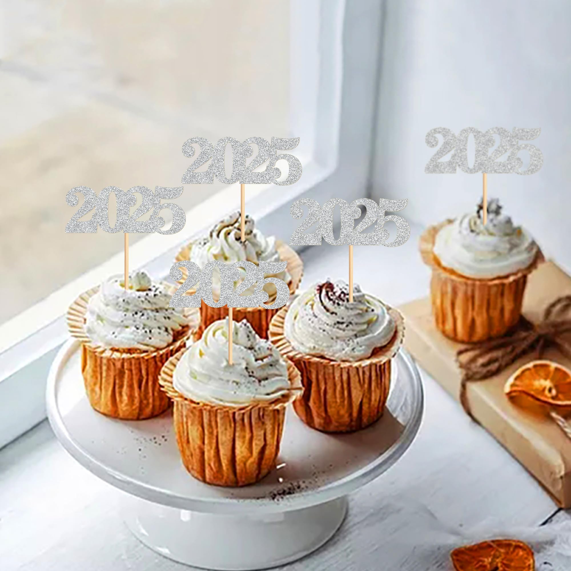 40 Pcs Silver Glitter New Year Cupcake Toppers 2025 - Cheers to 2025 Cake Picks for New Year's Eve Party Decorations - Perfect for Birthday, Wedding, and Holiday Celebrations