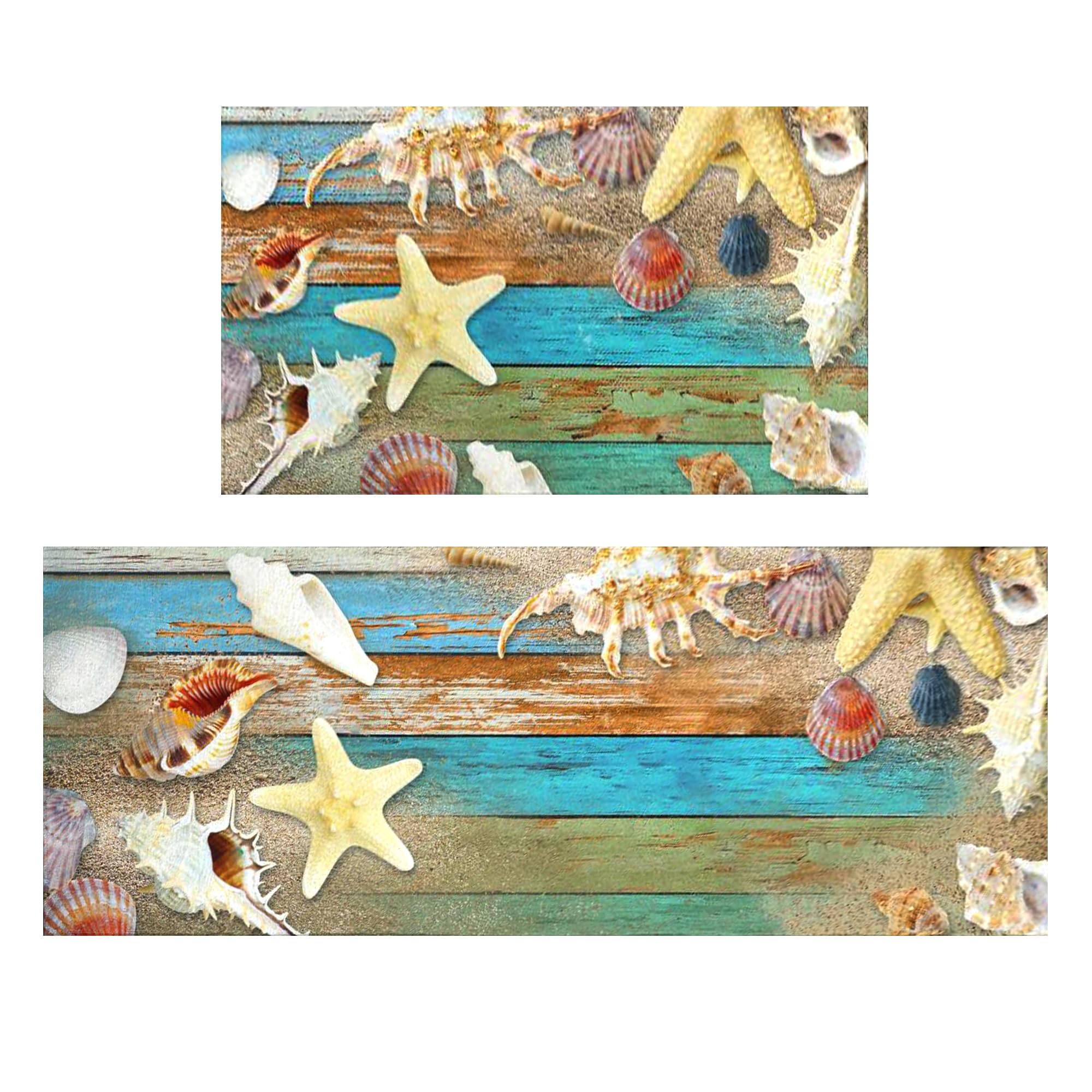 Nautical Kitchen Rugs Set - 2 Piece Beach Starfish Design Cushioned Anti-Fatigue Memory Foam Mats with Non-Slip Backing (17